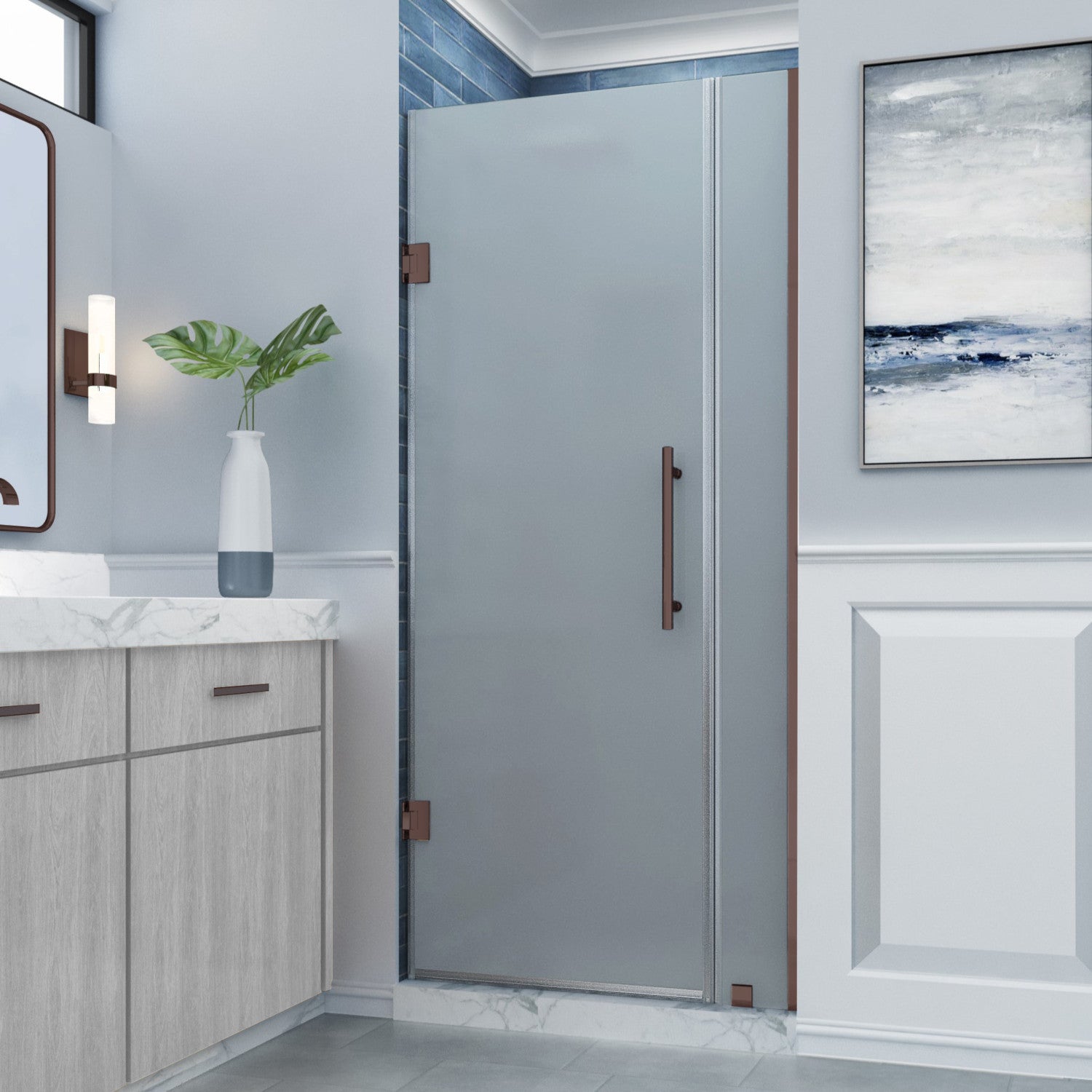 Belmore 27.25 in. to 28.25 in. W x 72 in. H Frameless Hinged Shower Door with Frosted Glass in Bronze (22 in. Door and 6 in. Fixed Panel) 1