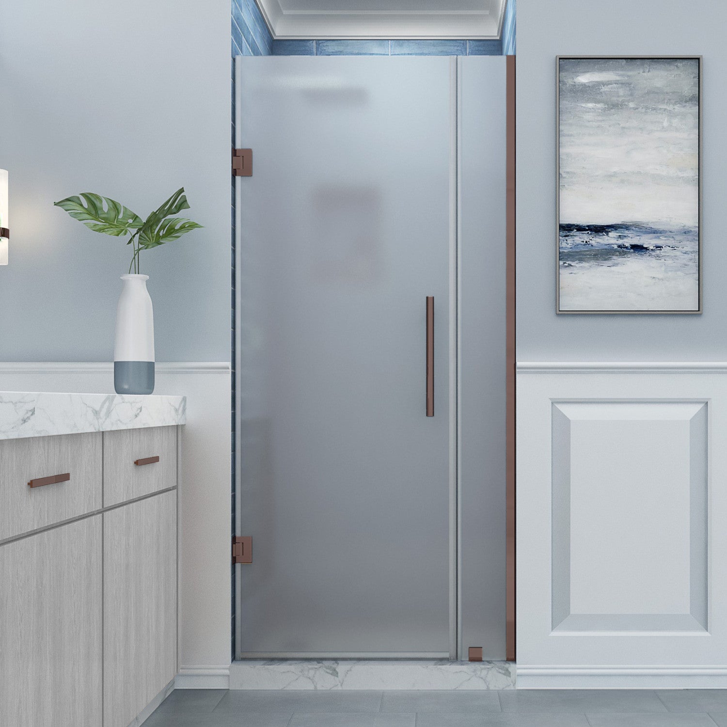Belmore 27.25 in. to 28.25 in. W x 72 in. H Frameless Hinged Shower Door with Frosted Glass in Bronze (22 in. Door and 6 in. Fixed Panel) 2