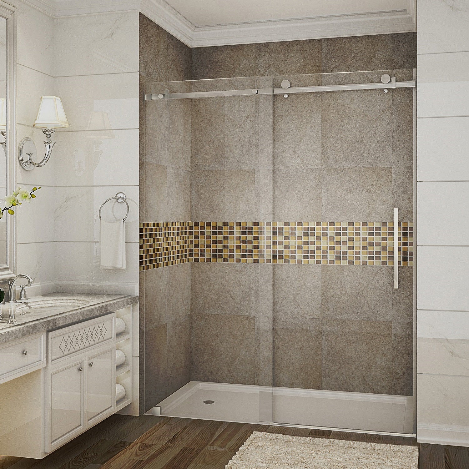 Moselle 56 in. to 60 in. W x 75 in. H Frameless Sliding Shower Door with Clear Glass in Stainless Steel 1