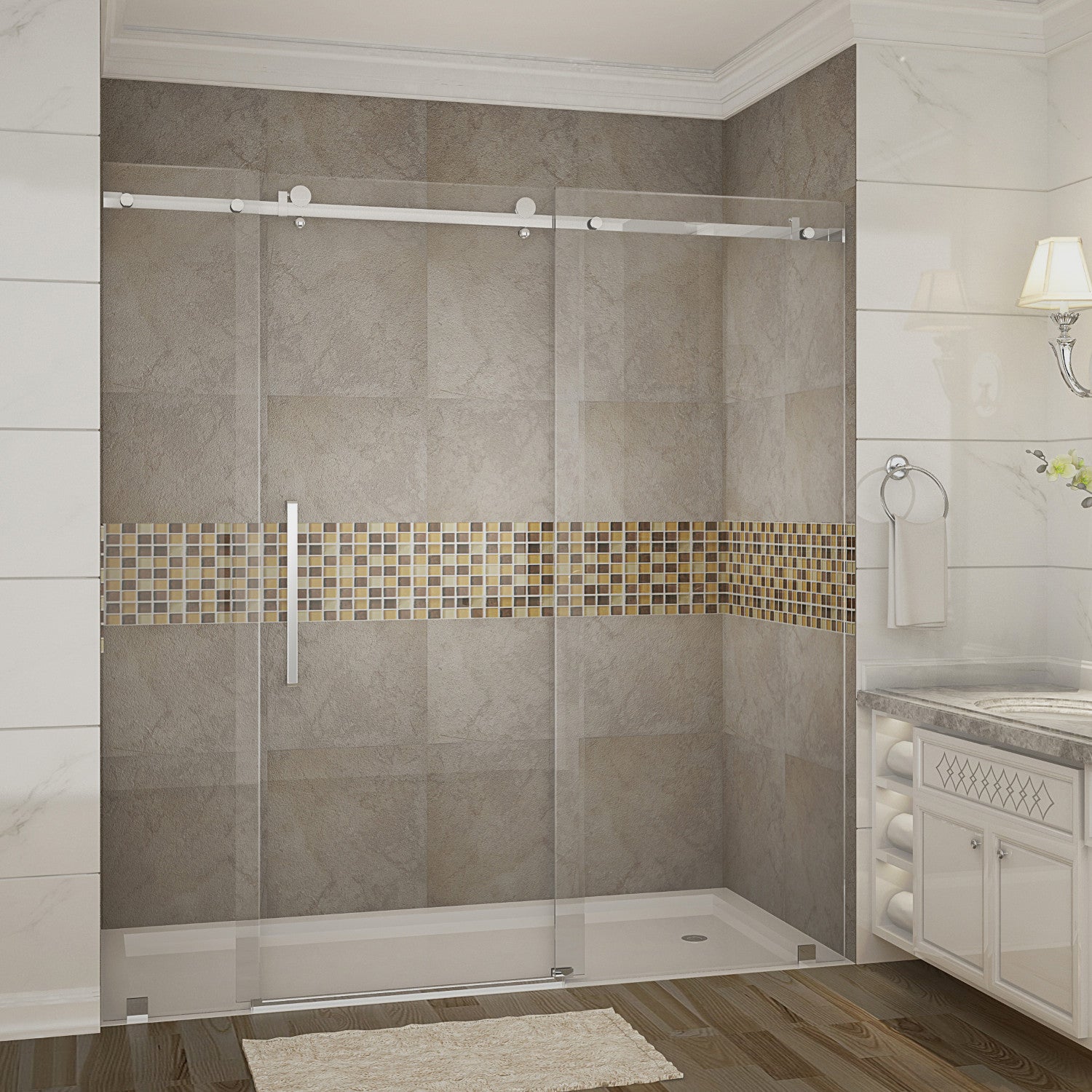 Moselle 68 in. to 72 in. W x 75 in. H Frameless Sliding Shower Door with Clear Glass in Stainless Steel 1