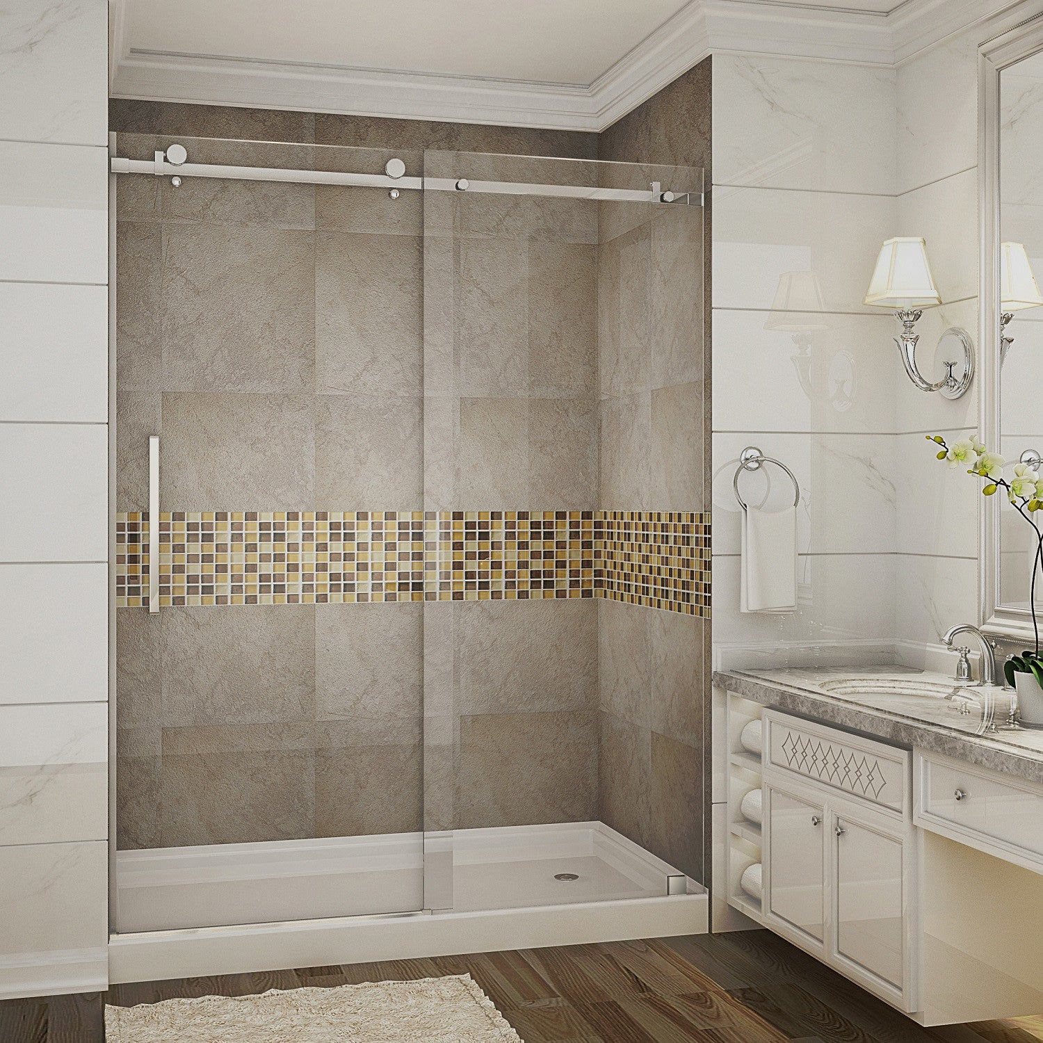 Moselle 56 in. to 60 in. W x 77.5 in. H Frameless Sliding Shower Door with Clear Glass in Chrome with Right Drain Base 1