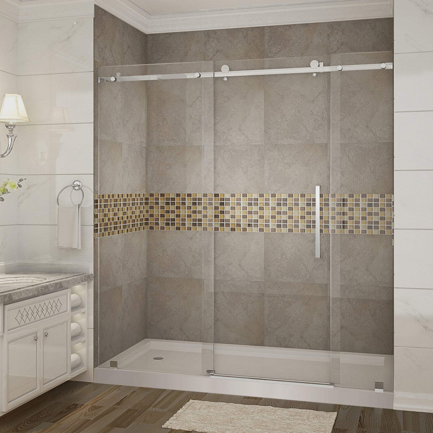 Moselle 68 in. to 72 in. W x 77.5 in. H Frameless Sliding Shower Door with Clear Glass in Chrome with Left Drain Base 1