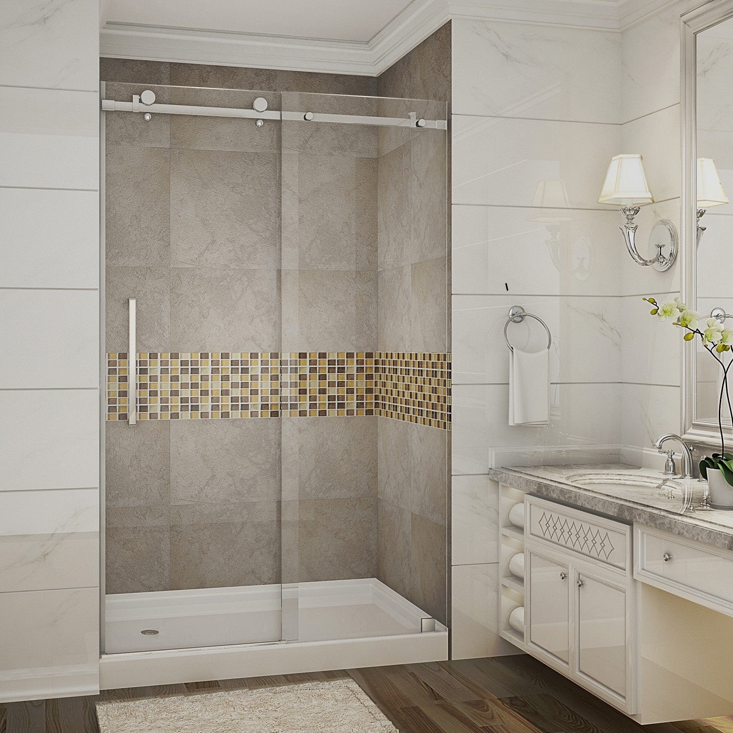 Moselle 44 in. to 48 in. W x 77.5 in. H Frameless Sliding Shower Door with Clear Glass in Stainless Steel with Left Drain Base 1