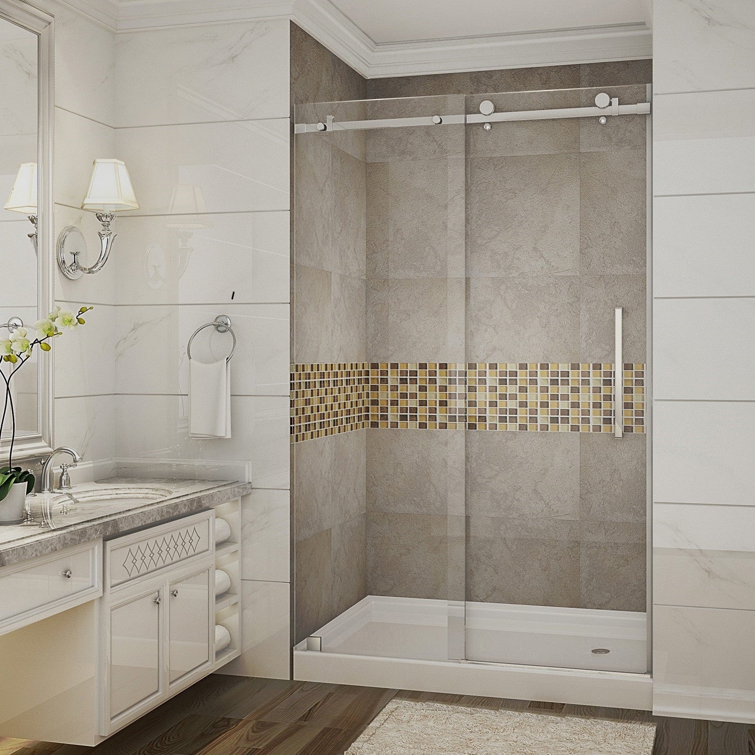 Moselle 44 in. to 48 in. W x 77.5 in. H Frameless Sliding Shower Door with Clear Glass in Stainless Steel with Right Drain Base 1