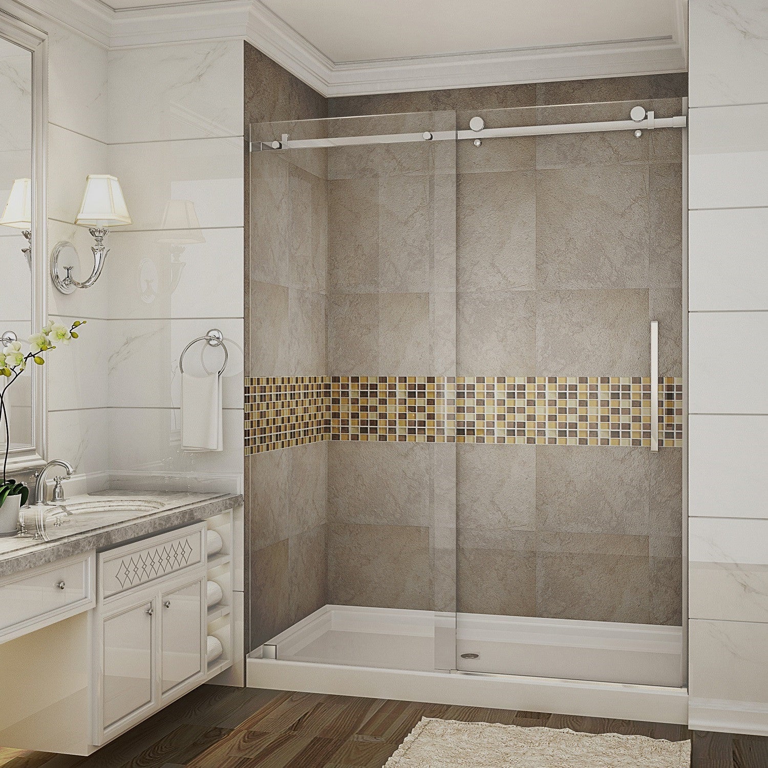 Moselle 56 in. to 60 in. W x 77.5 in. H Frameless Sliding Shower Door with Clear Glass in Stainless Steel with Middle Drain Base 1