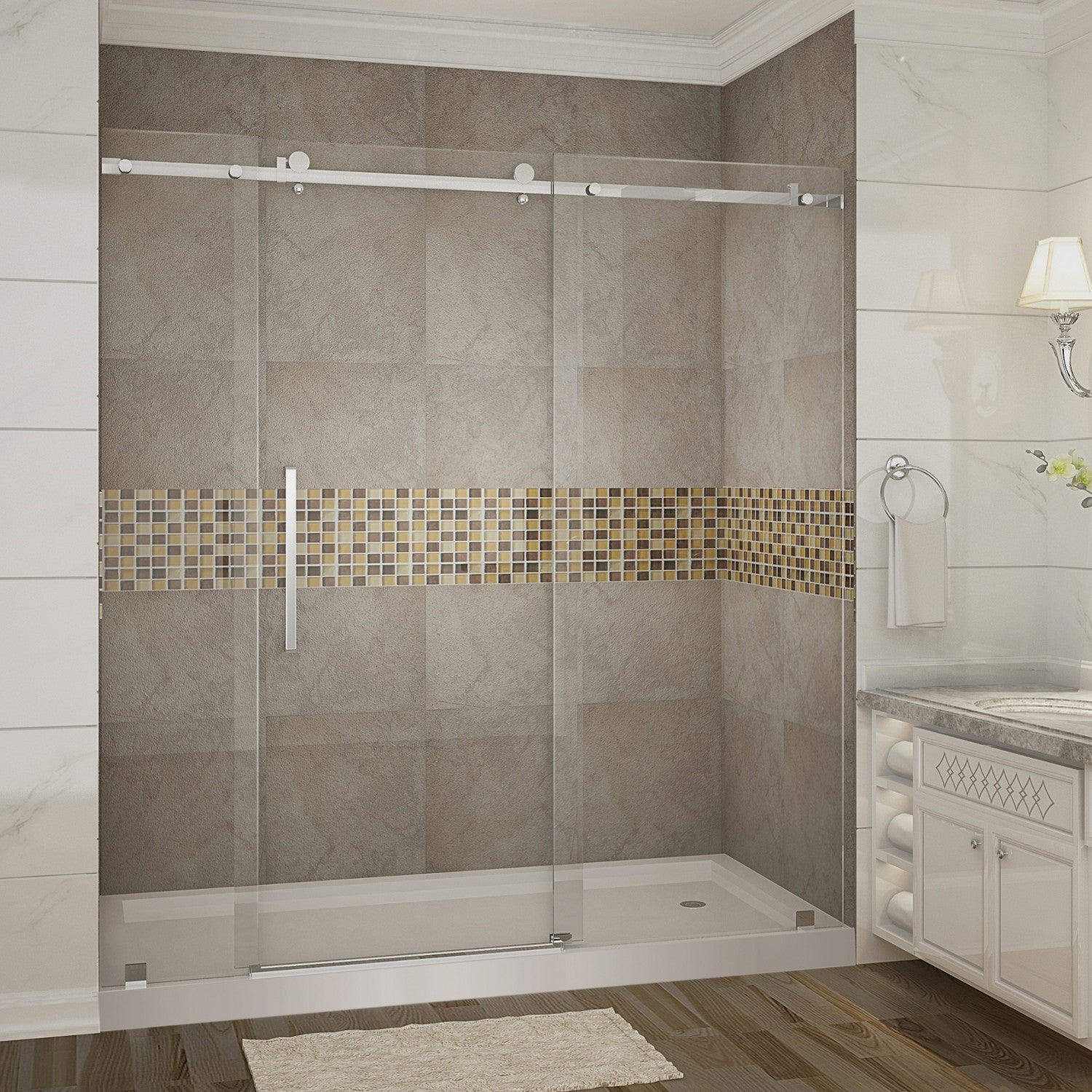 Moselle 68 in. to 72 in. W x 77.5 in. H Frameless Sliding Shower Door with Clear Glass in Stainless Steel with Right Drain Base 1