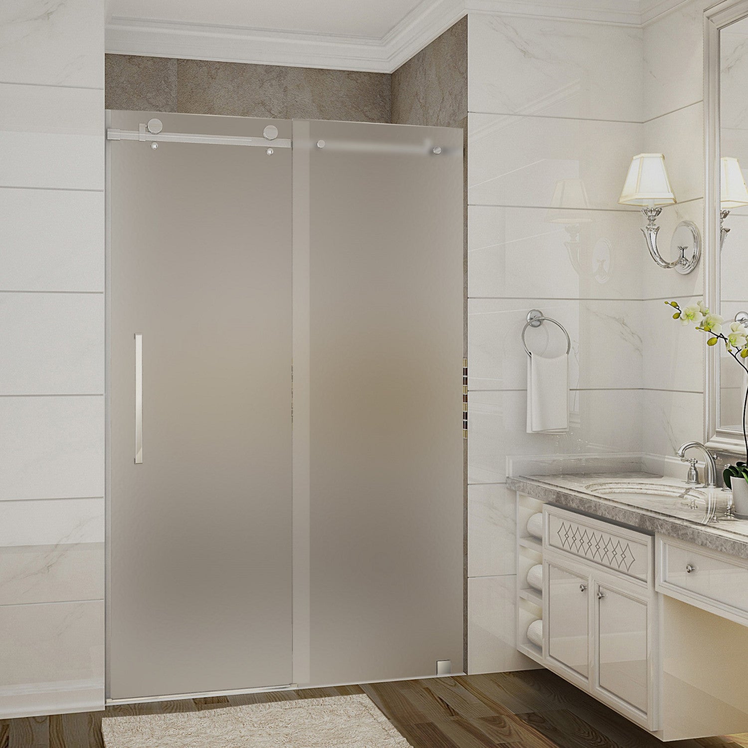 Moselle 44 in. to 48 in. W x 75 in. H Frameless Sliding Shower Door with Frosted Glass in Chrome 1