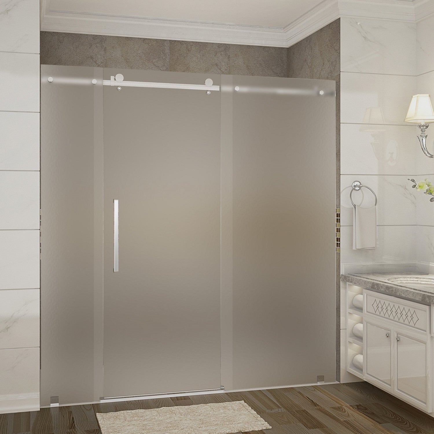 Moselle 68 in. to 72 in. W x 75 in. H Frameless Sliding Shower Door with Frosted Glass in Chrome 1