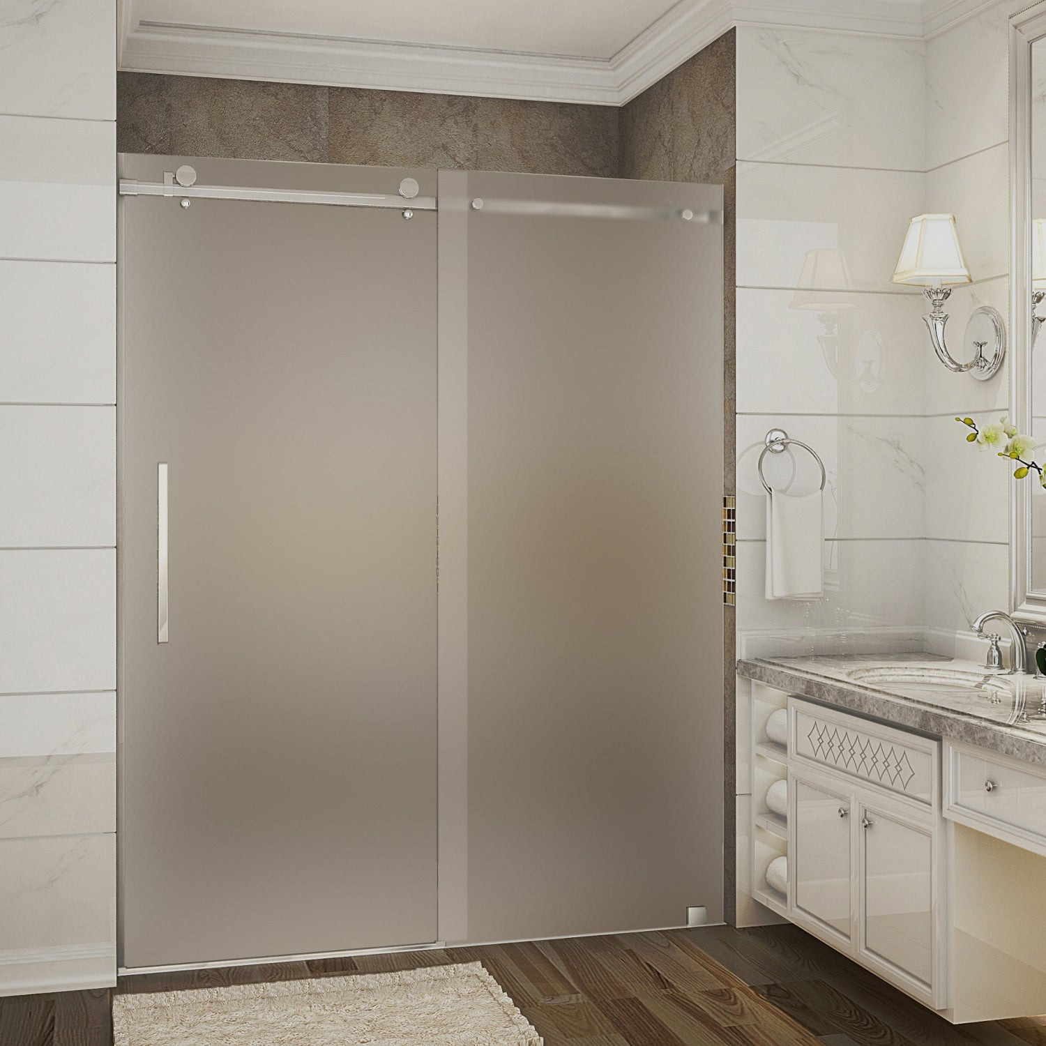 Moselle 56 in. to 60 in. W x 75 in. H Frameless Sliding Shower Door with Frosted Glass in Stainless Steel 1