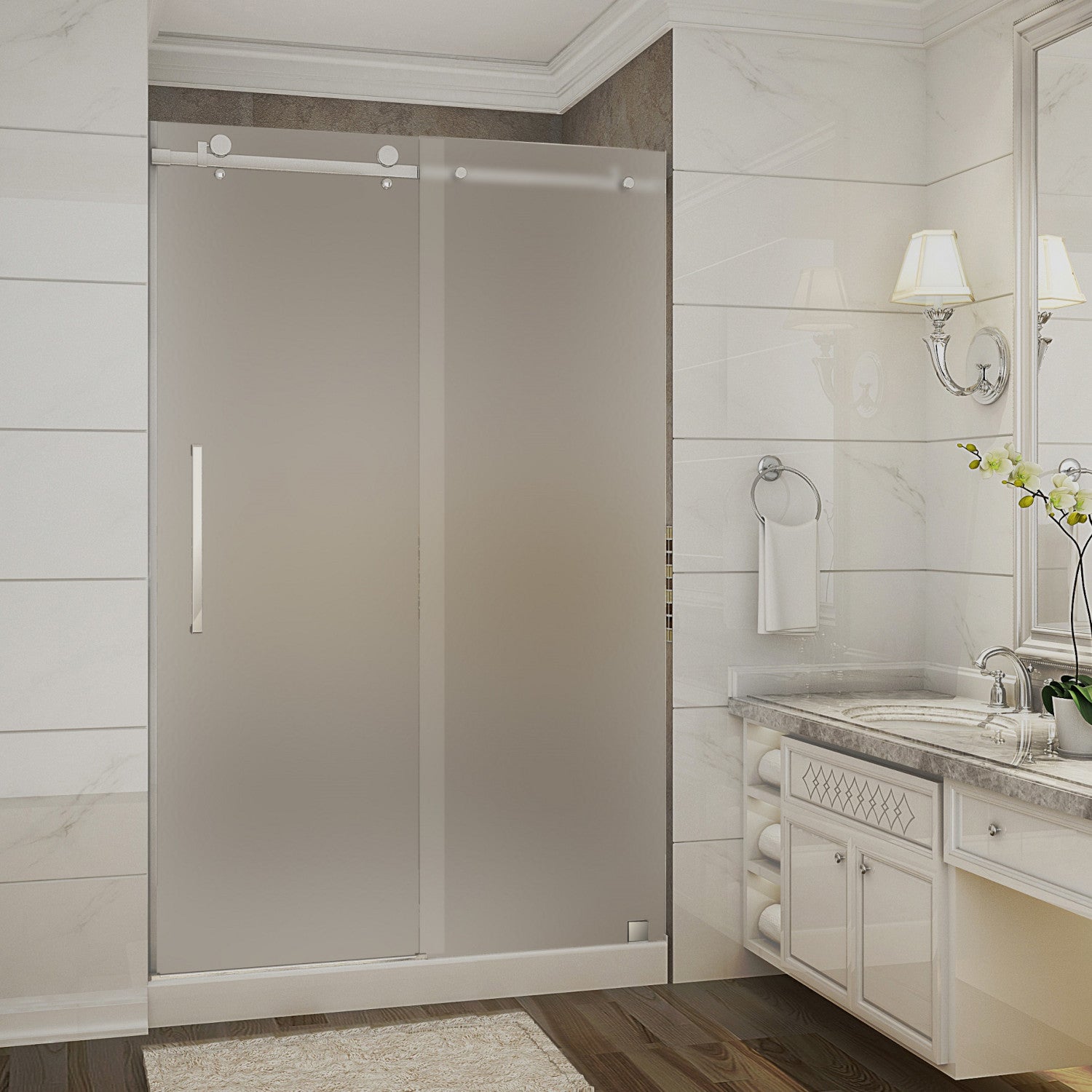Moselle 44 in. to 48 in. W x 77.5 in. H Frameless Sliding Shower Door with Frosted Glass in Chrome with Right Drain Base 1