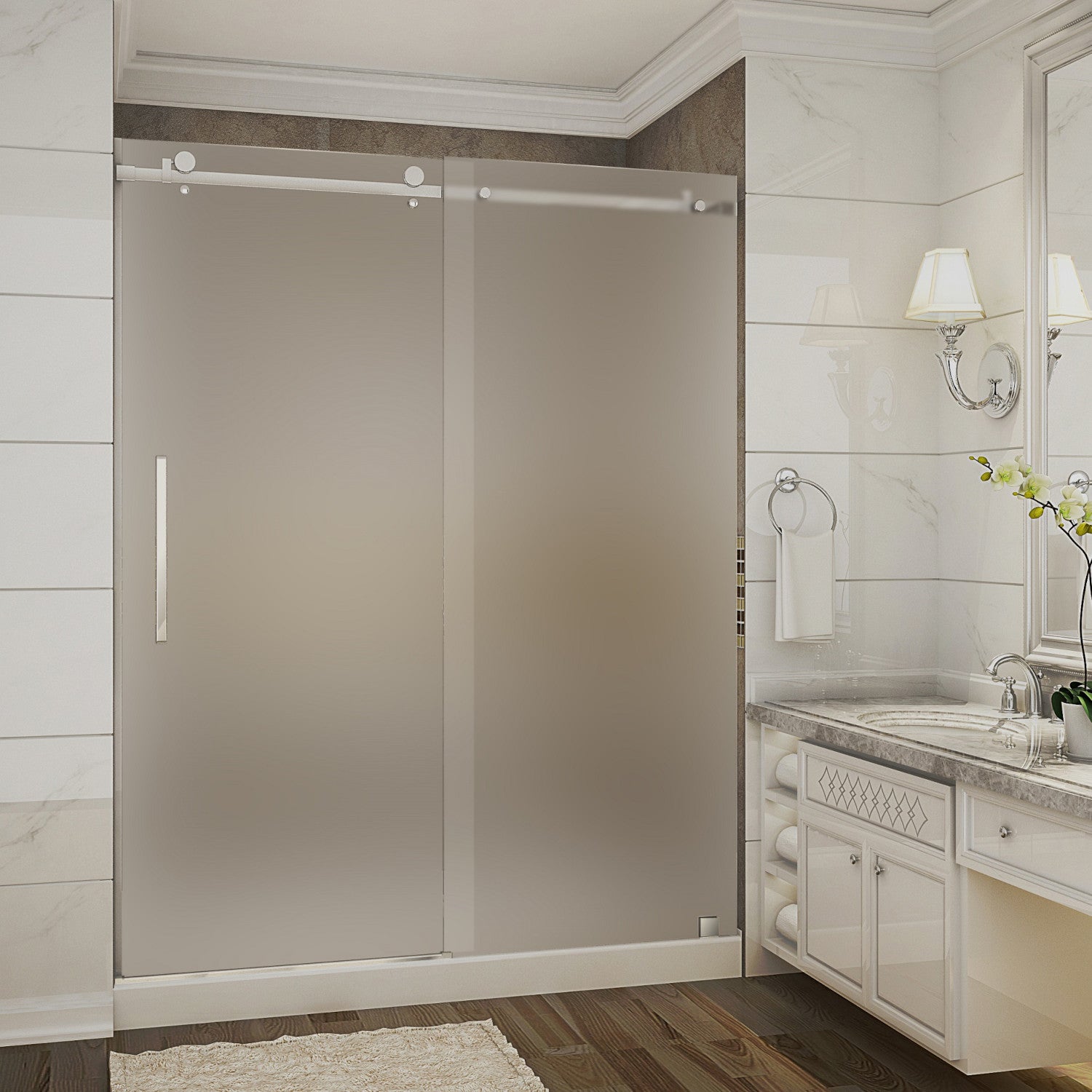 Moselle 56 in. to 60 in. W x 77.5 in. H Frameless Sliding Shower Door with Frosted Glass in Stainless Steel with Left Drain Base 1