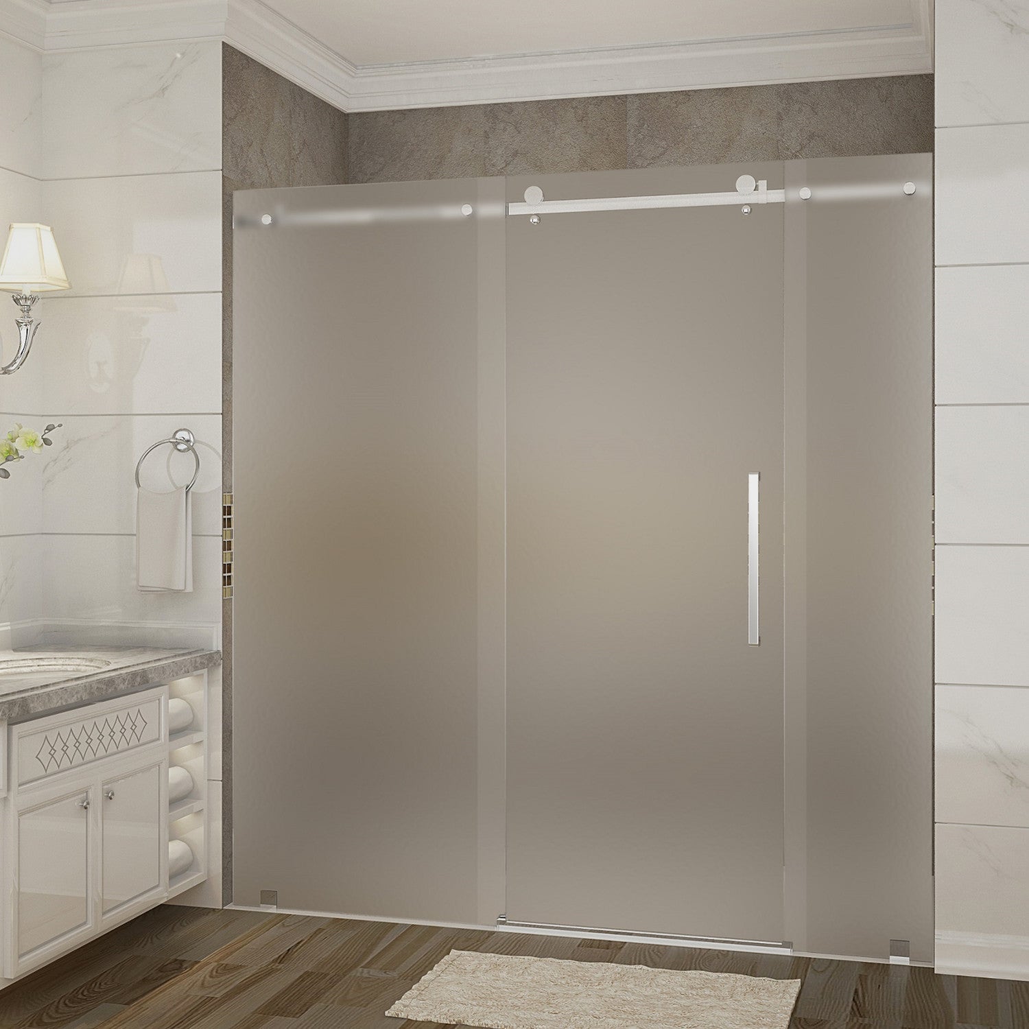 Moselle 68 in. to 72 in. W x 77.5 in. H Frameless Sliding Shower Door with Frosted Glass in Stainless Steel with Left Drain Base 1