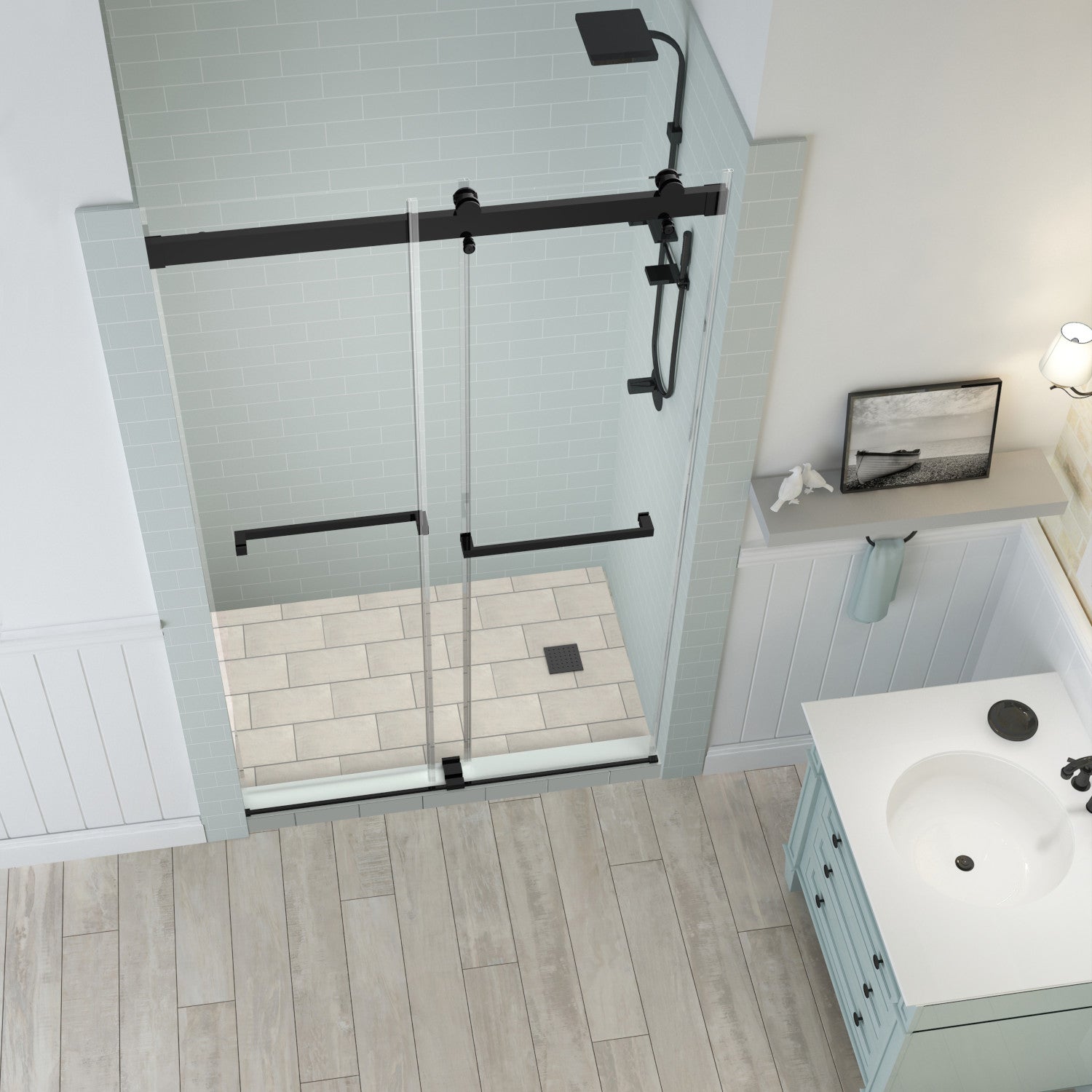 Rivage 56 in. to 60 in. W x 76 in. H Frameless Double-Bypass Sliding Shower Door with Clear Glass in Matte Black 2