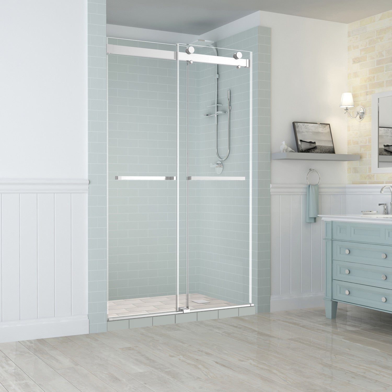 Rivage 44 in. to 48 in. W x 76 in. H Frameless Double-Bypass Sliding Shower Door with Clear Glass in Stainless Steel 1