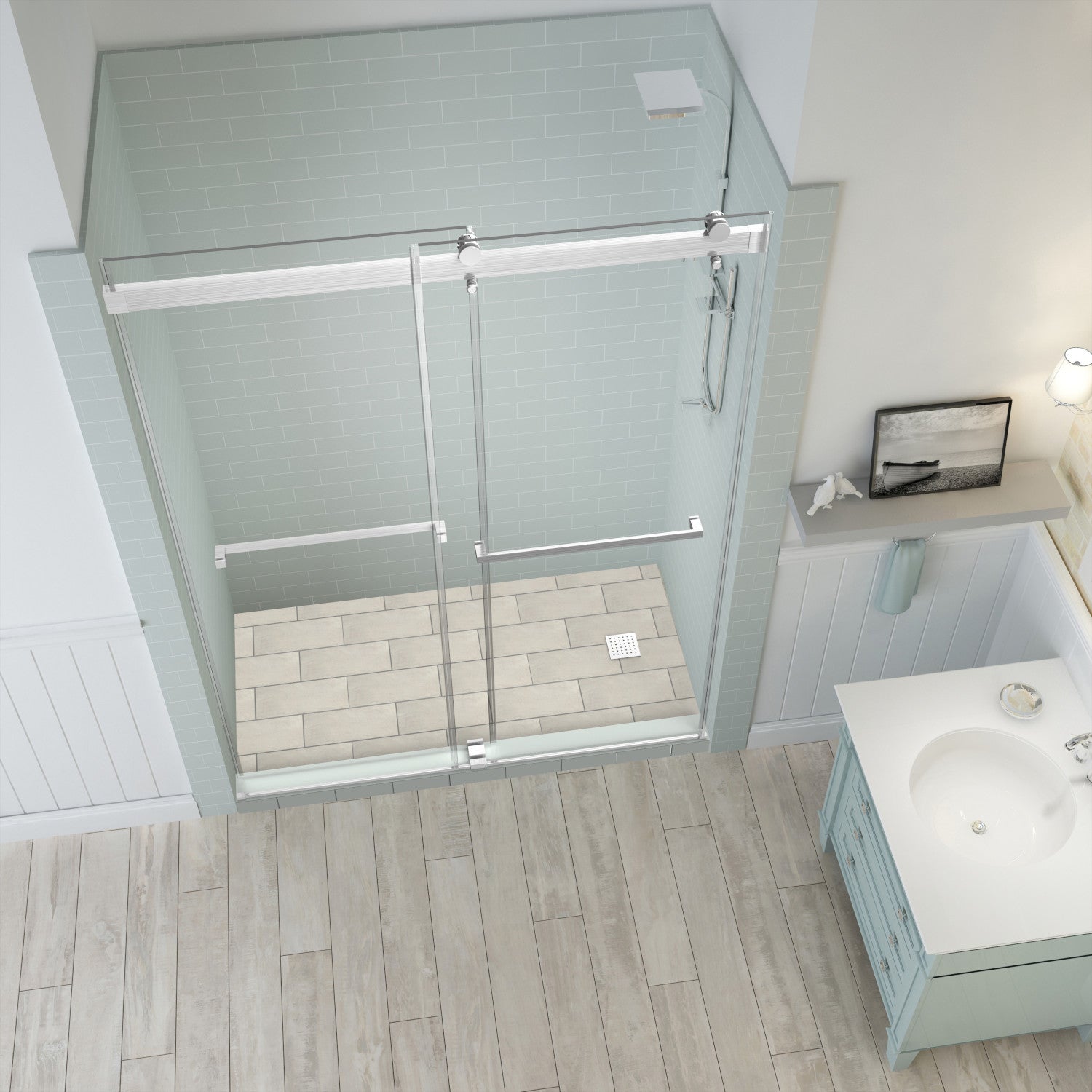 Rivage 56 in. to 60 in. W x 76 in. H Frameless Double-Bypass Sliding Shower Door with Clear Glass in Stainless Steel 2