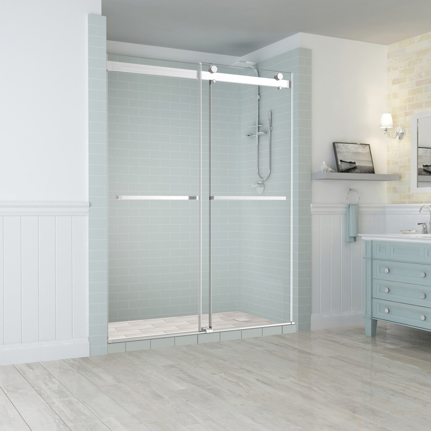 Rivage 56 in. to 60 in. W x 76 in. H Frameless Double-Bypass Sliding Shower Door with Clear Glass in Stainless Steel 1