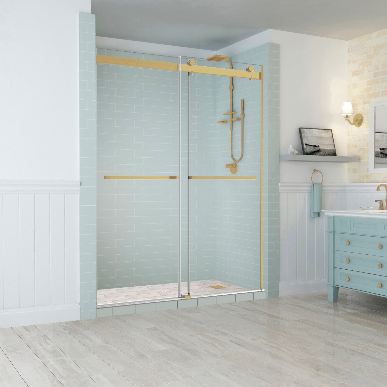 Rivage 56 in. to 60 in. W x 76 in. H Frameless Double-Bypass Sliding Shower Door with Clear Glass in Brushed Gold 1