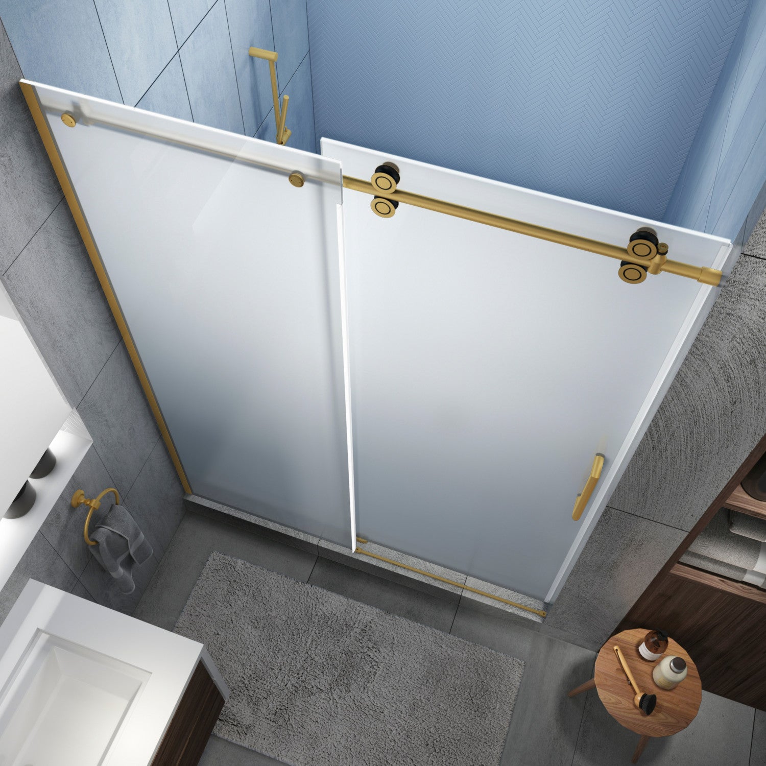 Langham XL 68 in. to 72 in. W x 80 in. H Frameless Sliding Shower Door with Ultra-Bright Frosted Glass in Brushed Gold 2