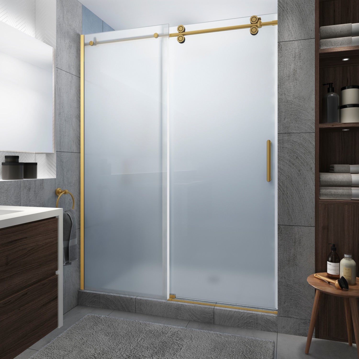 Langham XL 68 in. to 72 in. W x 80 in. H Frameless Sliding Shower Door with Ultra-Bright Frosted Glass in Brushed Gold 1