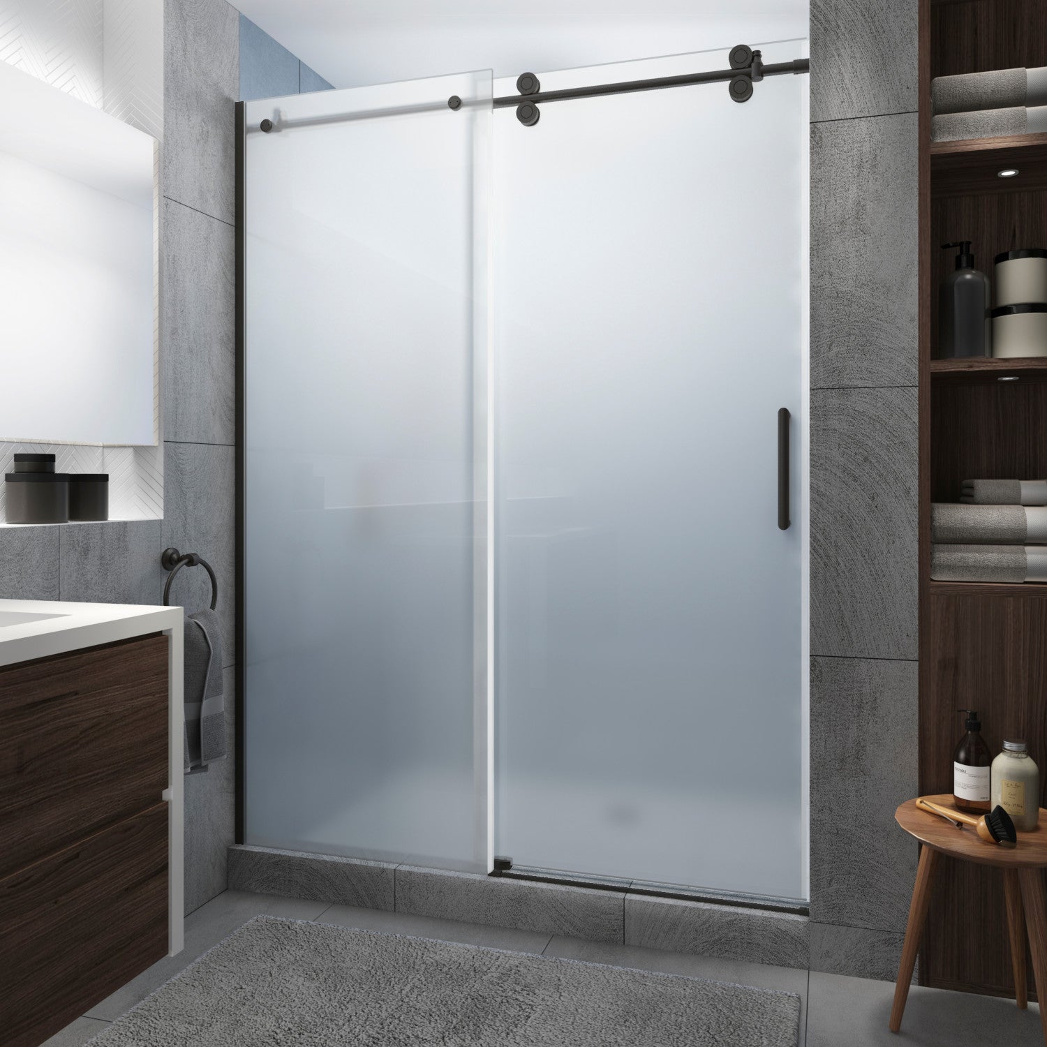 Langham XL 68 in. to 72 in. W x 80 in. H Frameless Sliding Shower Door with Ultra-Bright Frosted Glass in Bronze 1