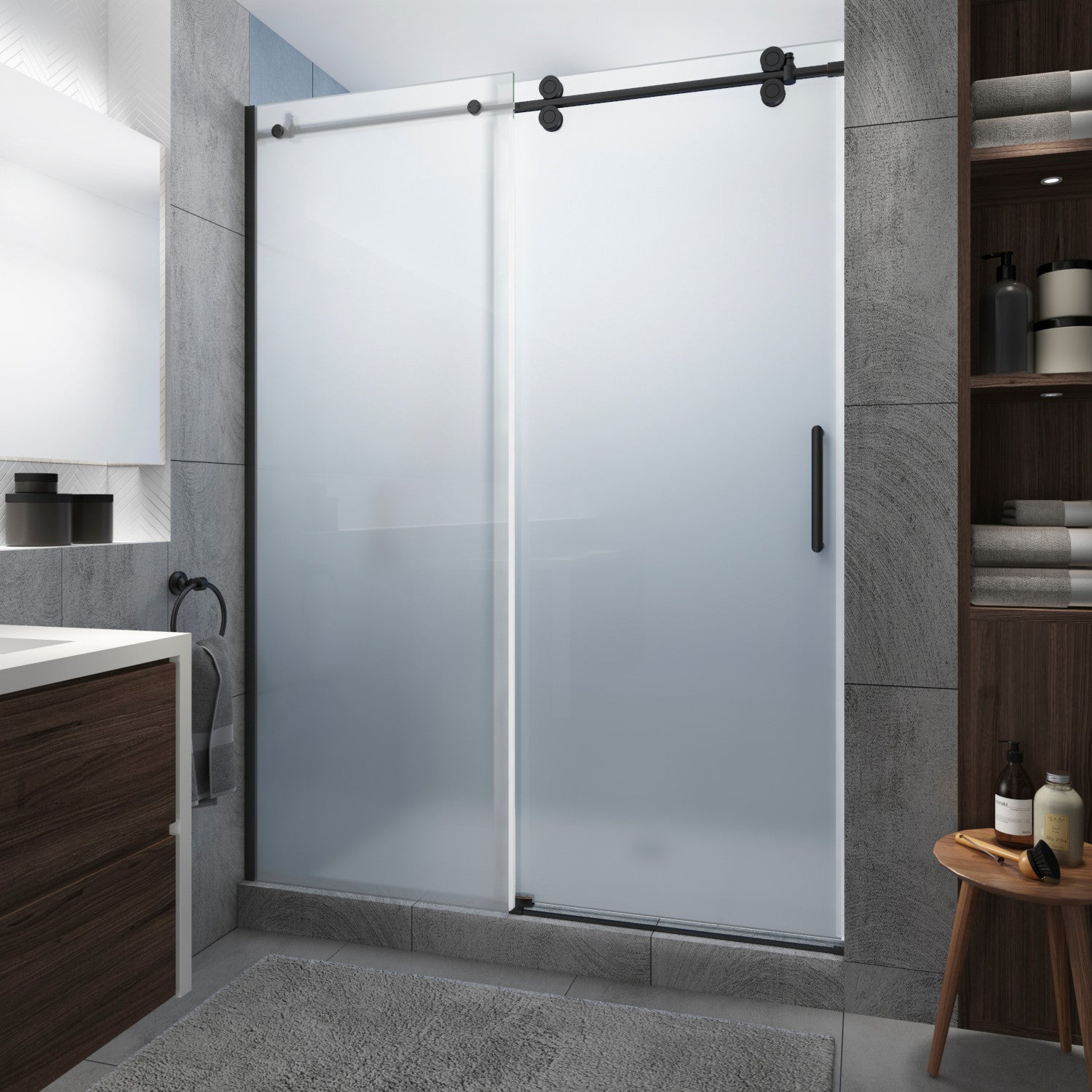 Langham XL 68 in. to 72 in. W x 80 in. H Frameless Sliding Shower Door with Ultra-Bright Frosted Glass in Oil Rubbed Bronze 1