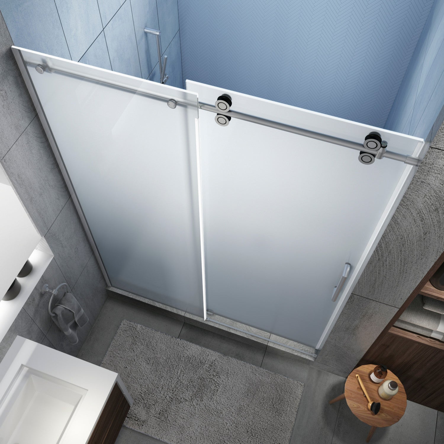 Langham XL 68 in. to 72 in. W x 80 in. H Frameless Sliding Shower Door with Ultra-Bright Frosted Glass in Stainless Steel 2