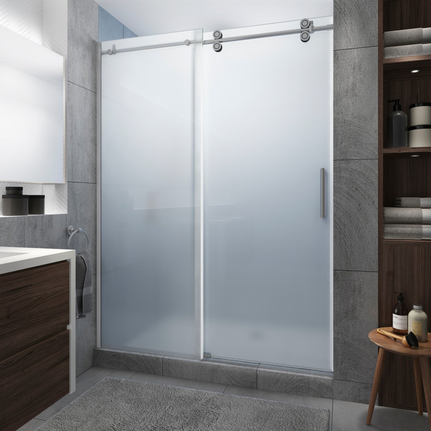 Langham XL 68 in. to 72 in. W x 80 in. H Frameless Sliding Shower Door with Ultra-Bright Frosted Glass in Stainless Steel 1