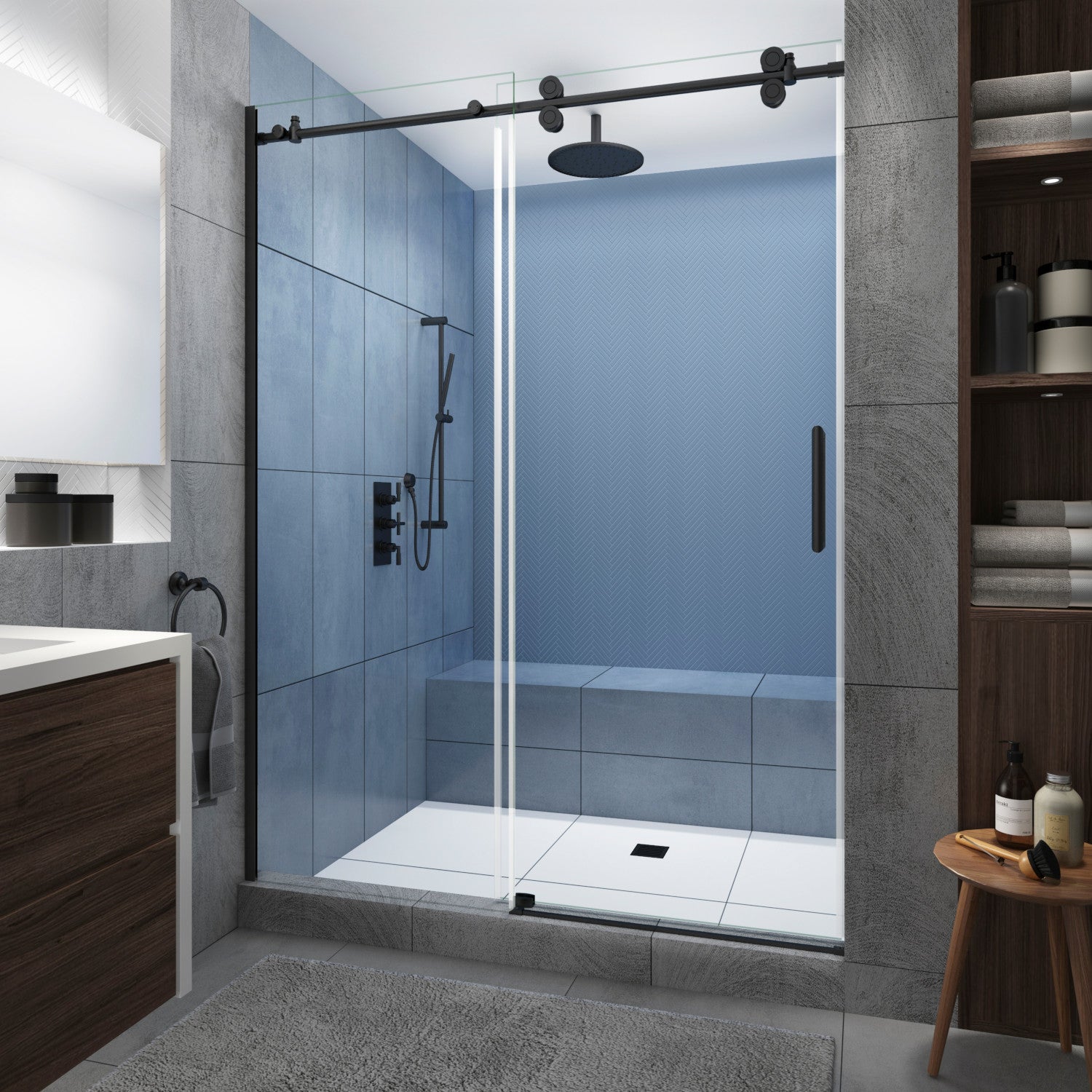 Langham XL 68 in. to 72 in. W x 80 in. H Frameless Sliding Shower Door with Clear Glass in Matte Black, Right Hand 1