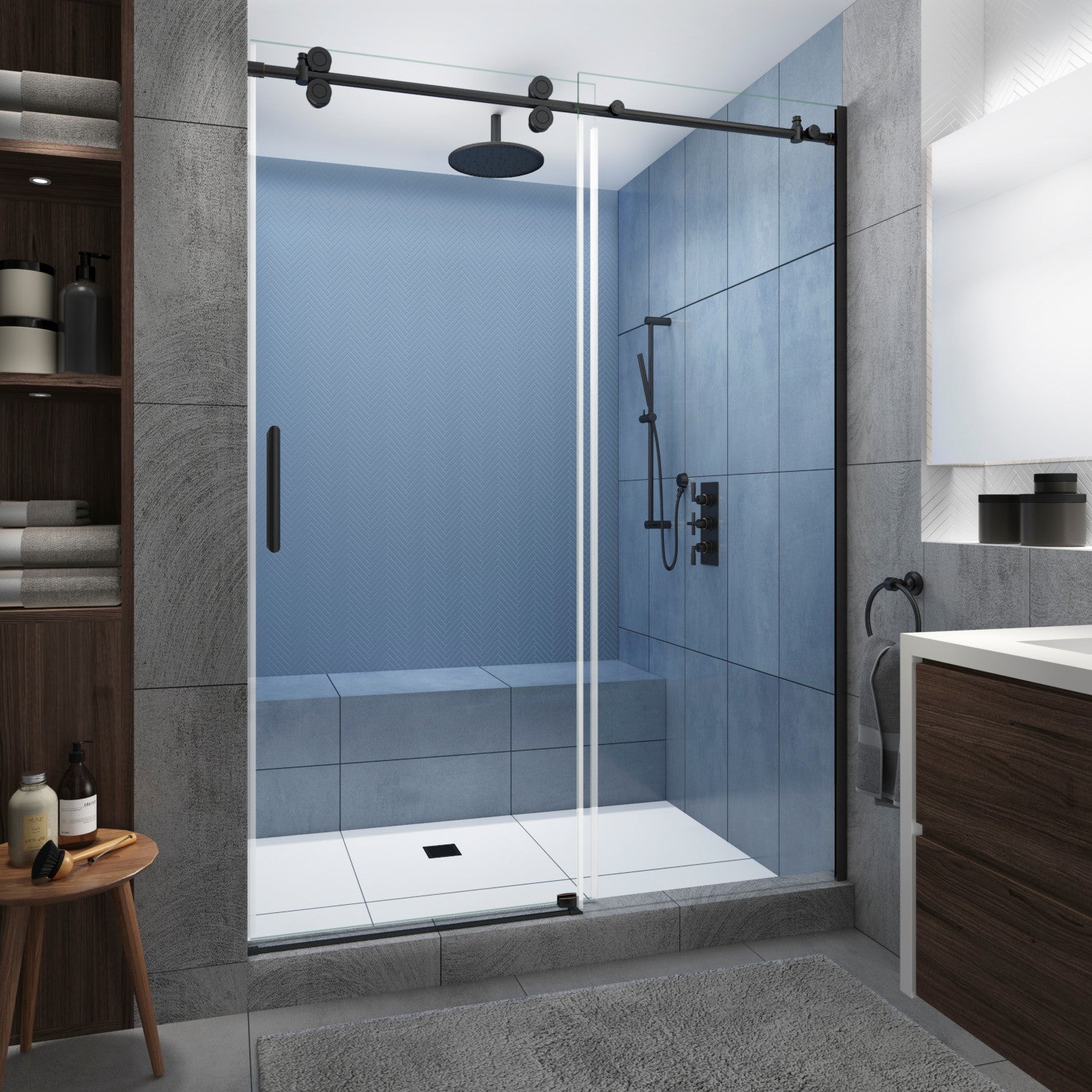 Langham XL 68 in. to 72 in. W x 80 in. H Frameless Sliding Shower Door with Clear Glass in Oil Rubbed Bronze, Left Hand 1