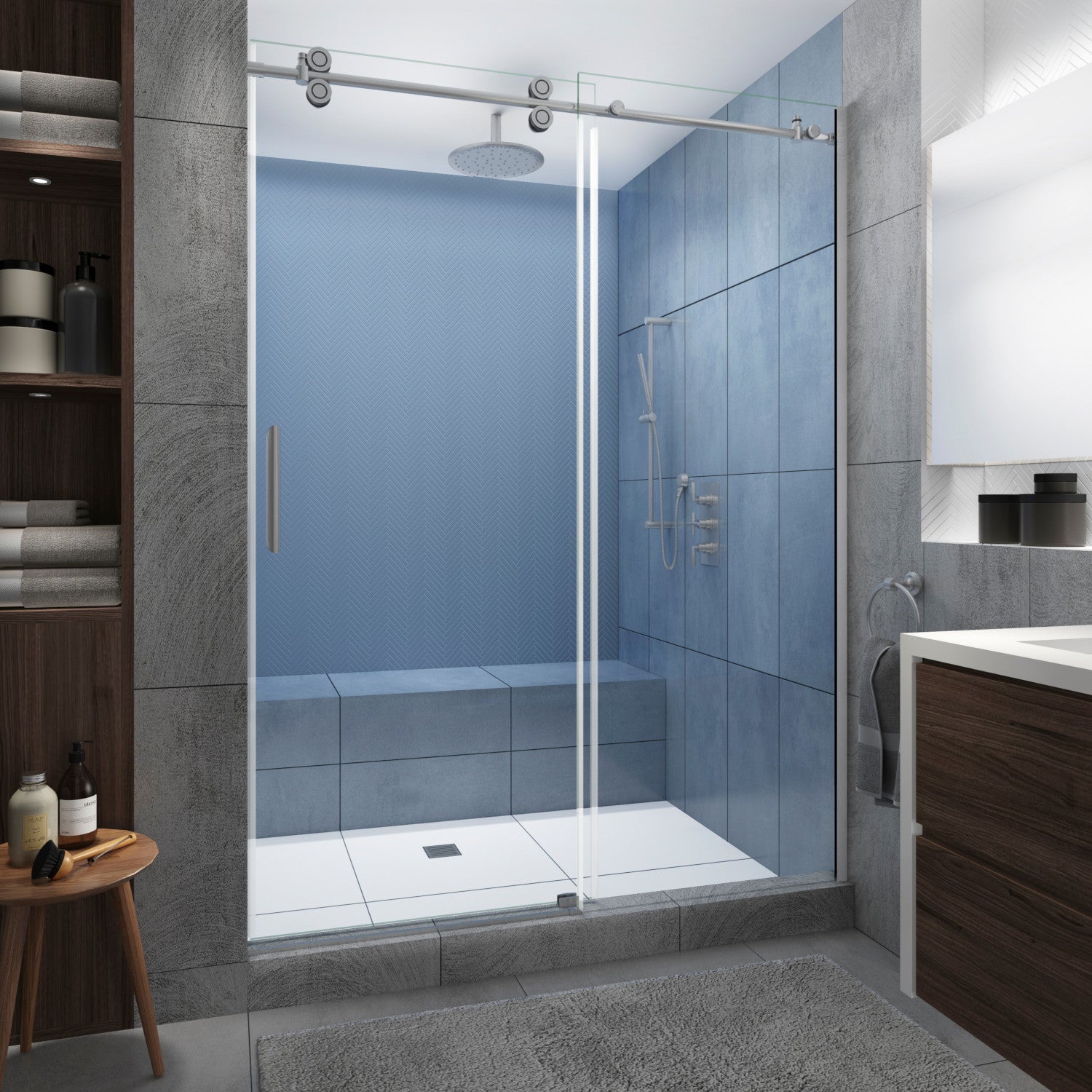 Langham XL 68 in. to 72 in. W x 80 in. H Frameless Sliding Shower Door with Clear Glass in Stainless Steel, Left Hand 1
