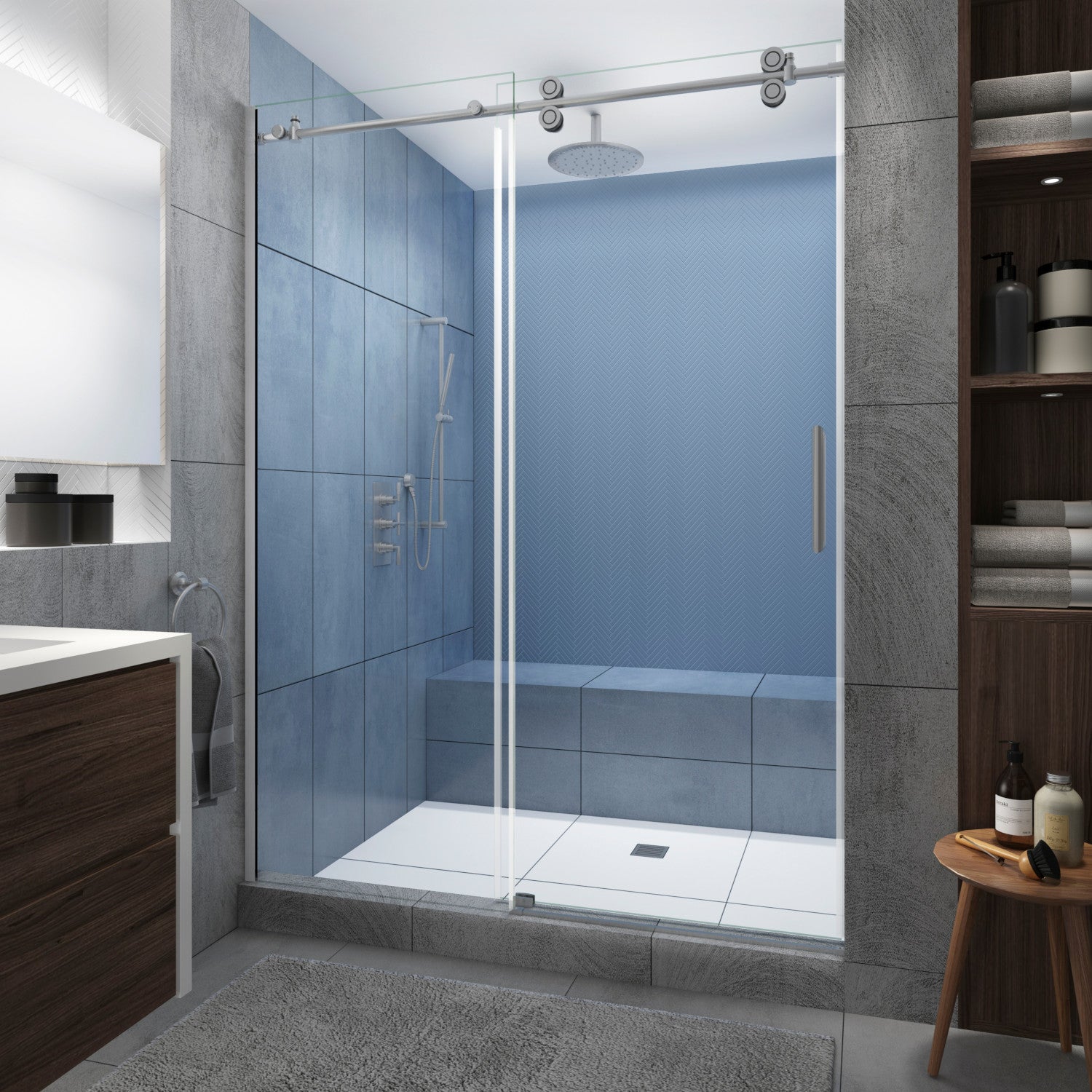 Langham XL 68 in. to 72 in. W x 80 in. H Frameless Sliding Shower Door with Clear Glass in Stainless Steel, Right Hand 1