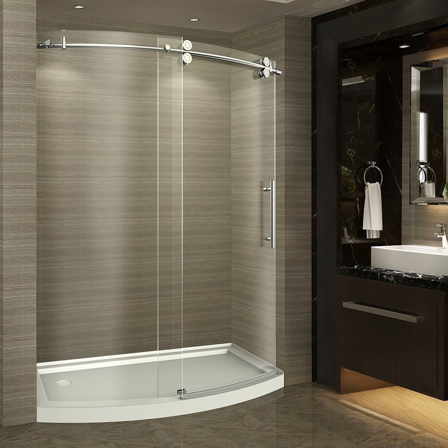 ZenArch 60 in. W x 77.5 in. H Frameless Bowfront Sliding Shower Door with Clear Glass in Stainless Steel, Right Hand with Left Drain Base 1