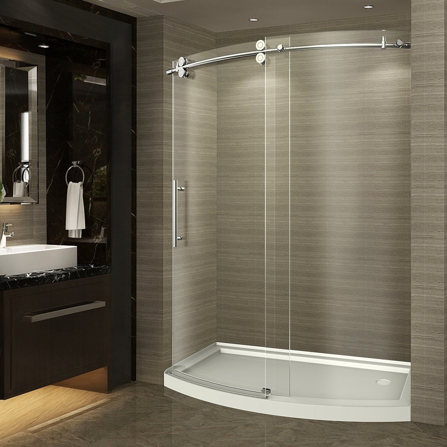 ZenArch 60 in. W x 77.5 in. H Frameless Bowfront Sliding Shower Door with Clear Glass in Stainless Steel, Left Hand with Right Drain Base 1