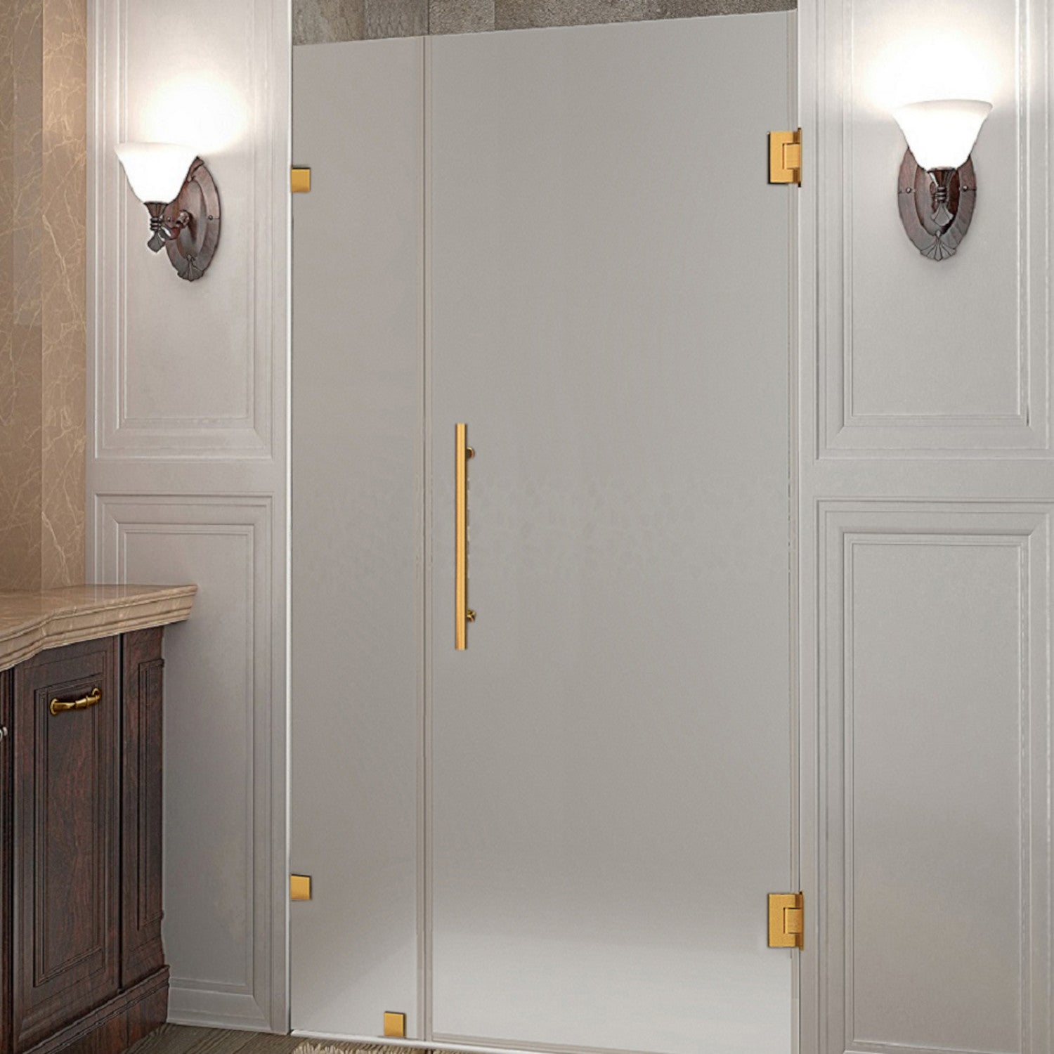 Nautis 31.25 in. to 32.25 in. W x 72 in. H Frameless Hinged Shower Door with Frosted Glass in Brushed Gold 1