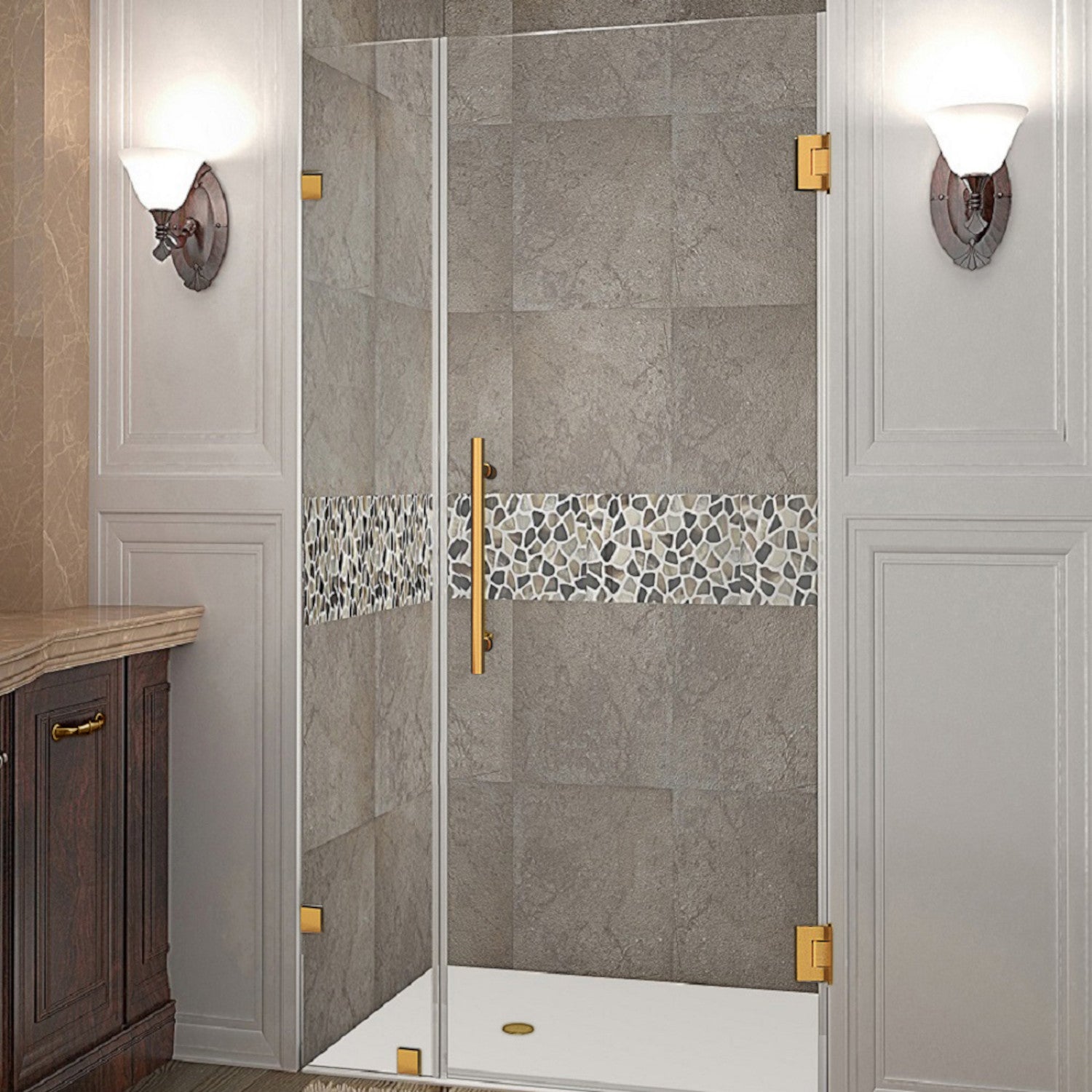 Nautis 32.25 in. to 33.25 in. W x 72 in. H Frameless Hinged Shower Door with Clear Glass in Brushed Gold 1