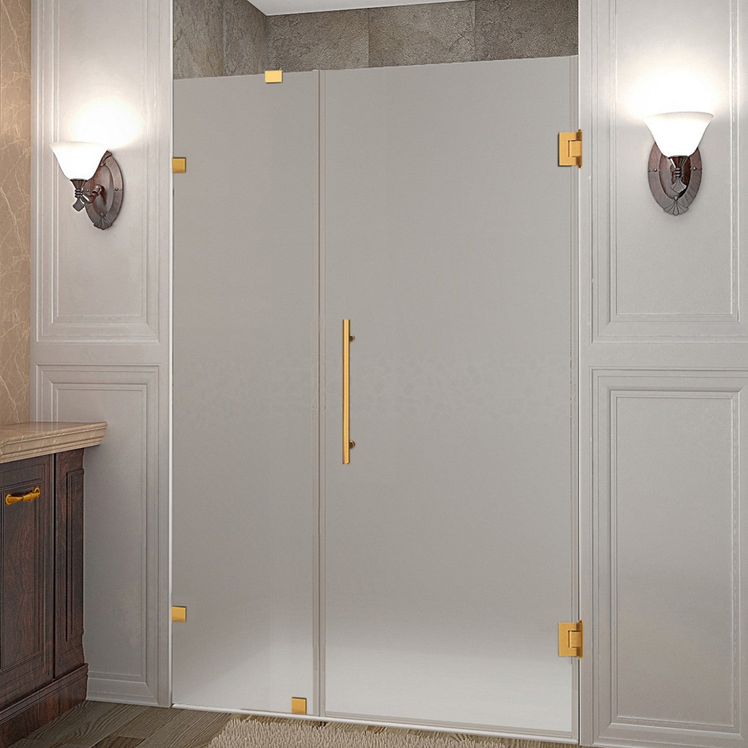 Nautis 42.25 in. to 43.25 in. W x 72 in. H Frameless Hinged Shower Door with Frosted Glass in Brushed Gold 1