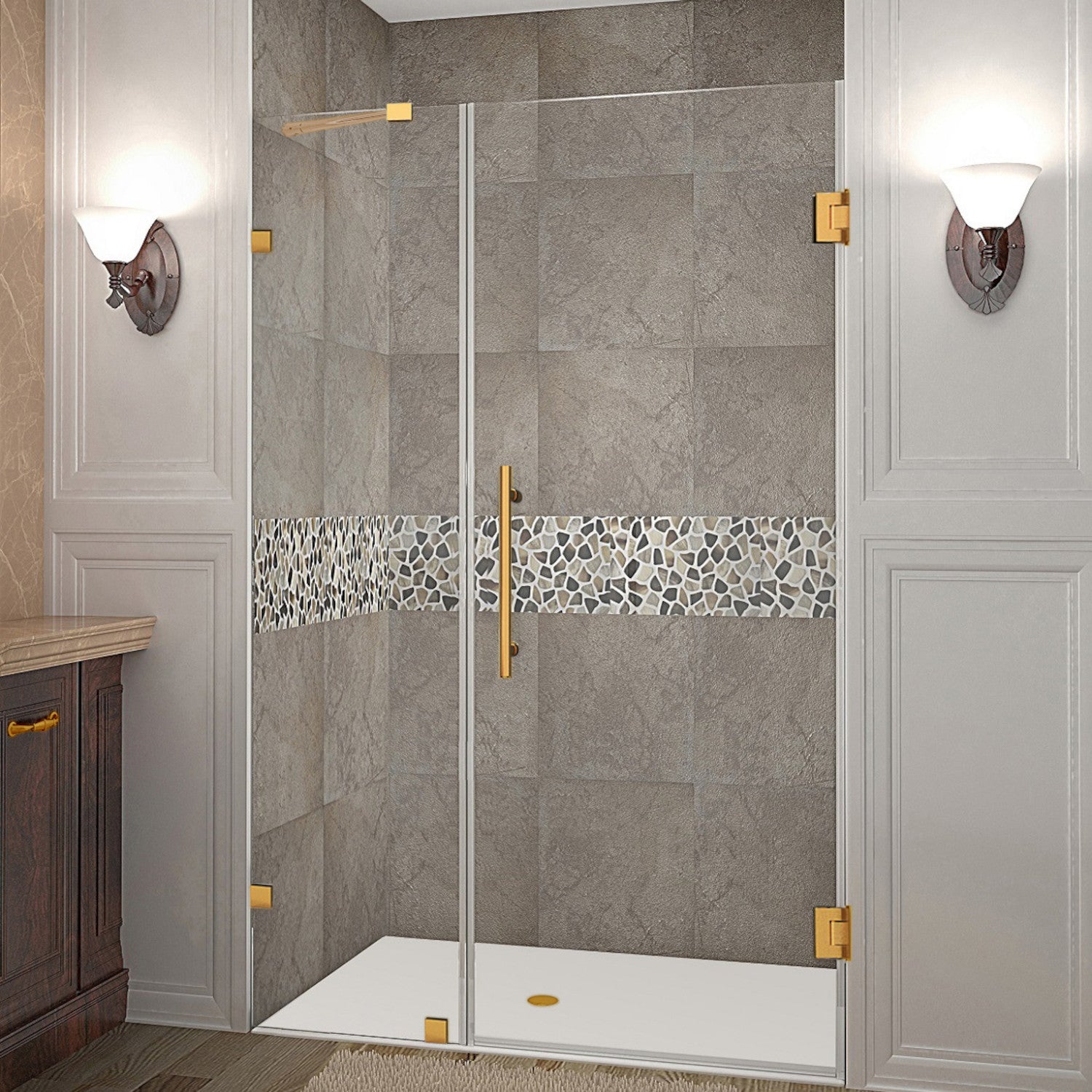 Nautis 35.25 in. to 36.25 in. W x 72 in. H Frameless Hinged Shower Door with Clear Glass in Brushed Gold 1