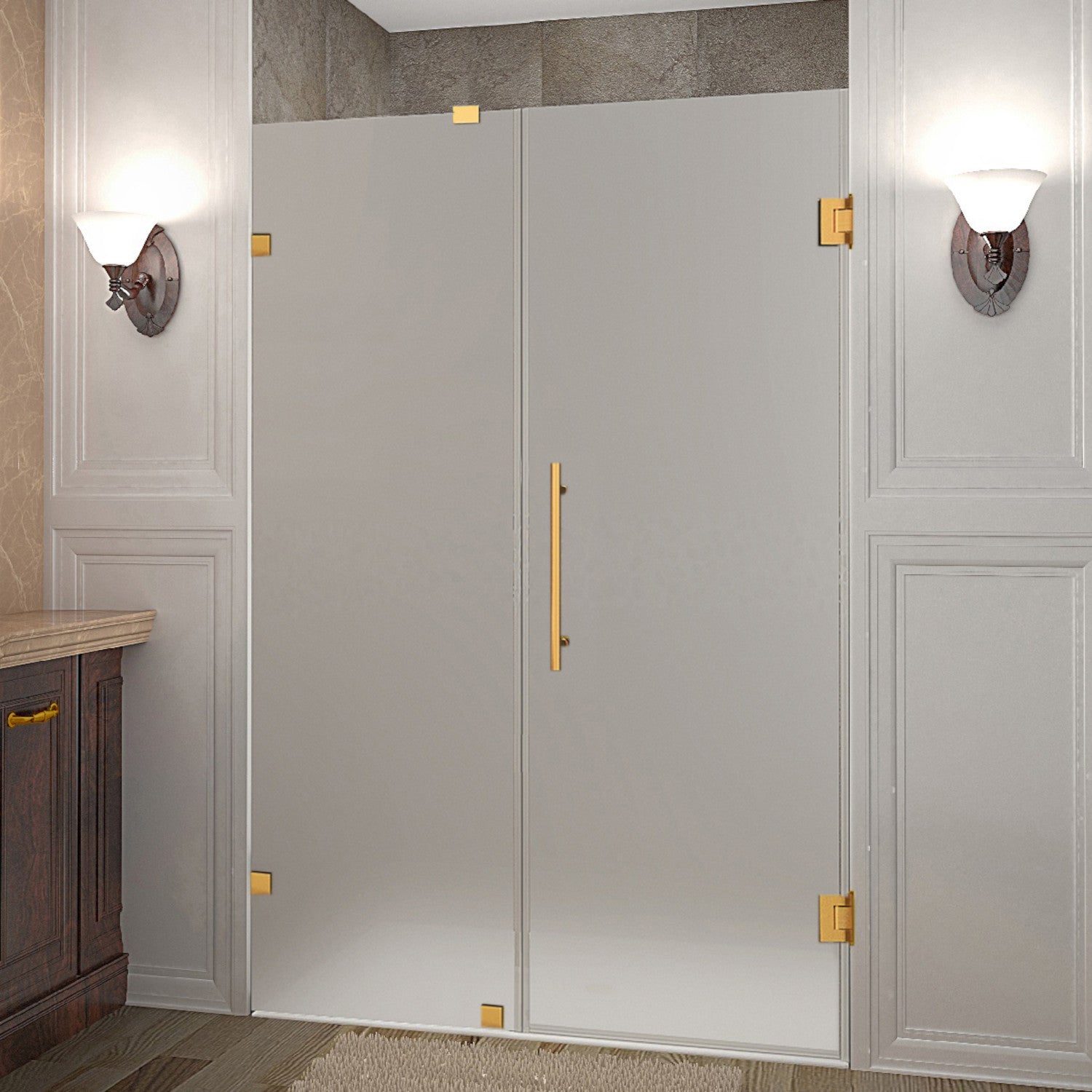 Nautis 49.25 in. to 50.25 in. W x 72 in. H Frameless Hinged Shower Door with Frosted Glass in Brushed Gold 1