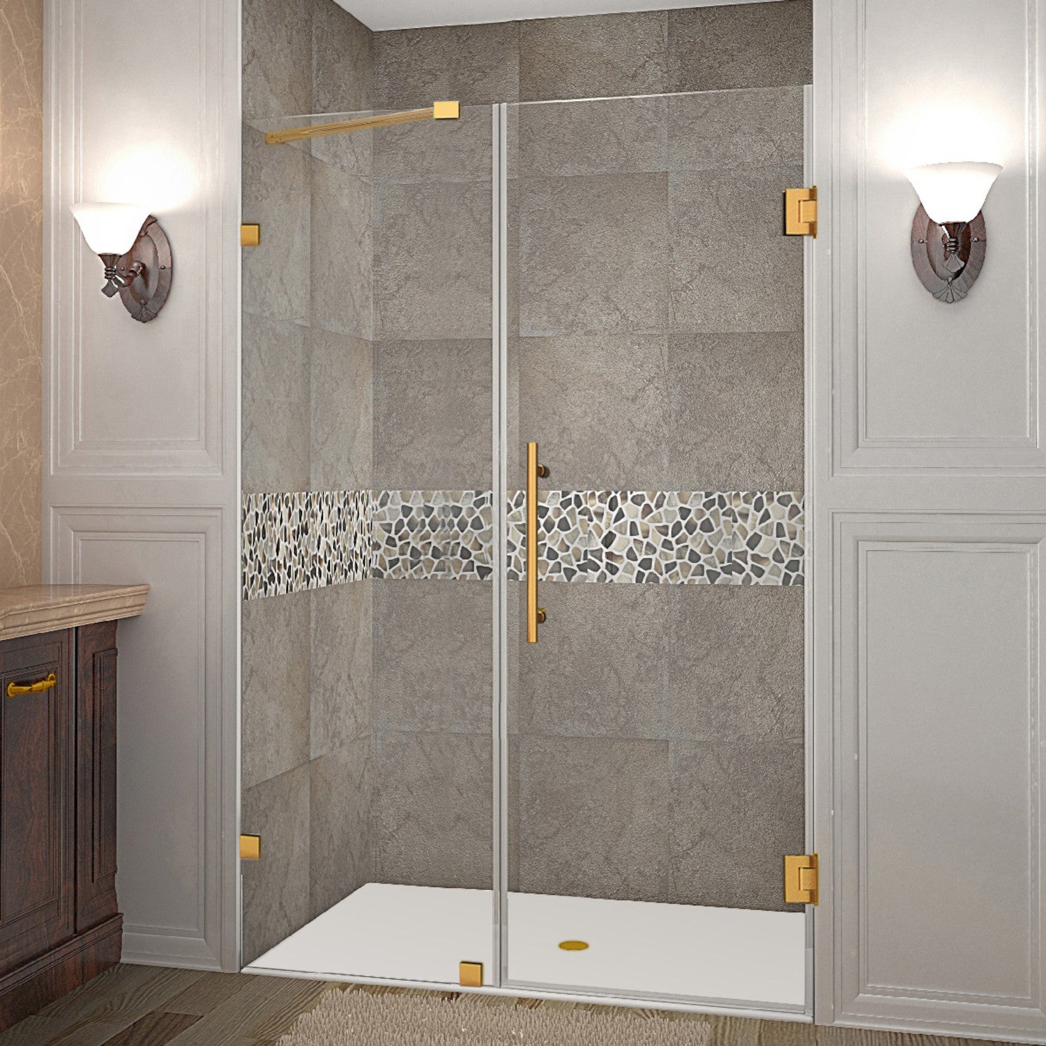 Nautis 50.25 in. to 51.25 in. W x 72 in. H Frameless Hinged Shower Door with Clear Glass in Brushed Gold 1
