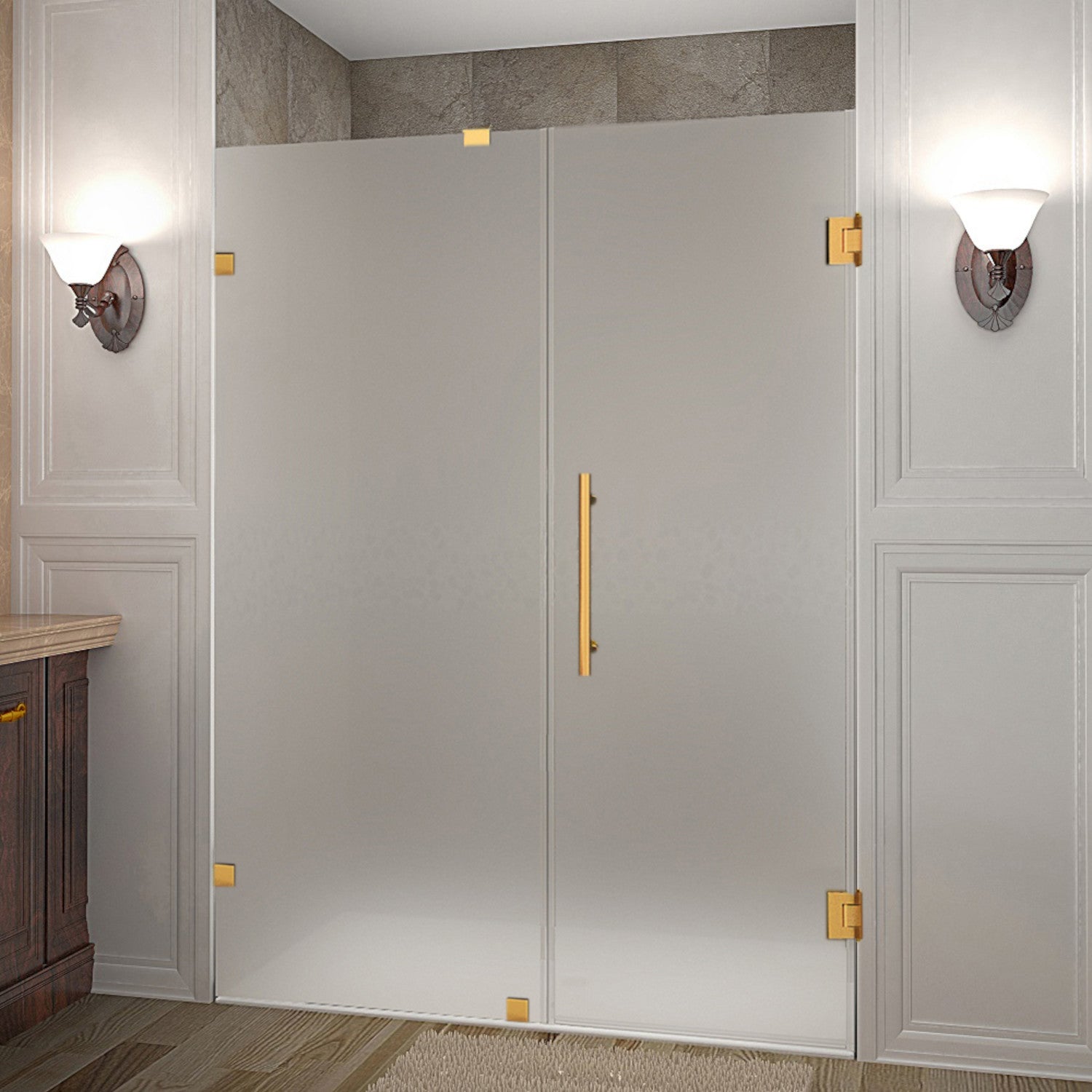 Nautis 53.25 in. to 54.25 in. W x 72 in. H Frameless Hinged Shower Door with Frosted Glass in Brushed Gold 1