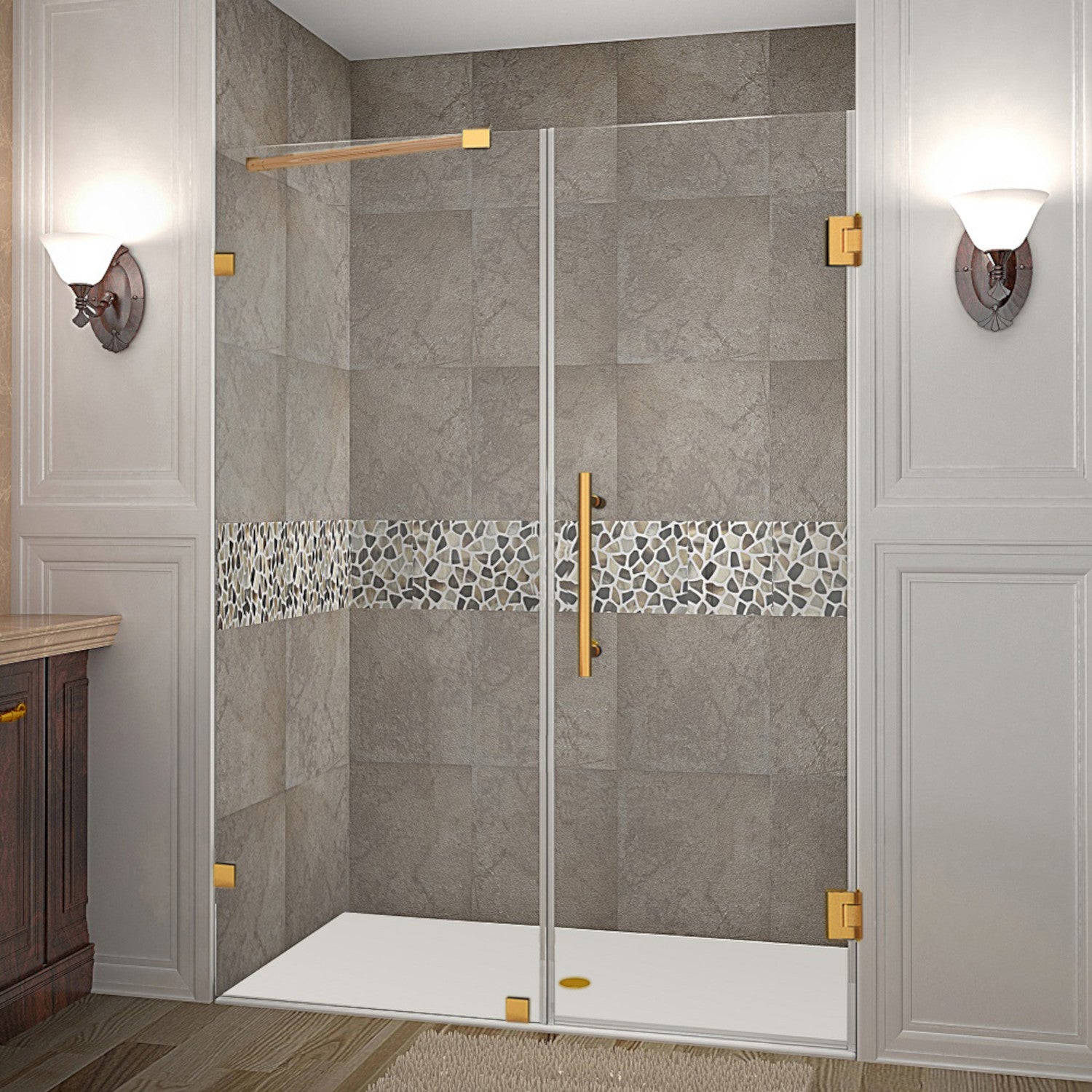 Nautis 53.25 in. to 54.25 in. W x 72 in. H Frameless Hinged Shower Door with Clear Glass in Brushed Gold 1