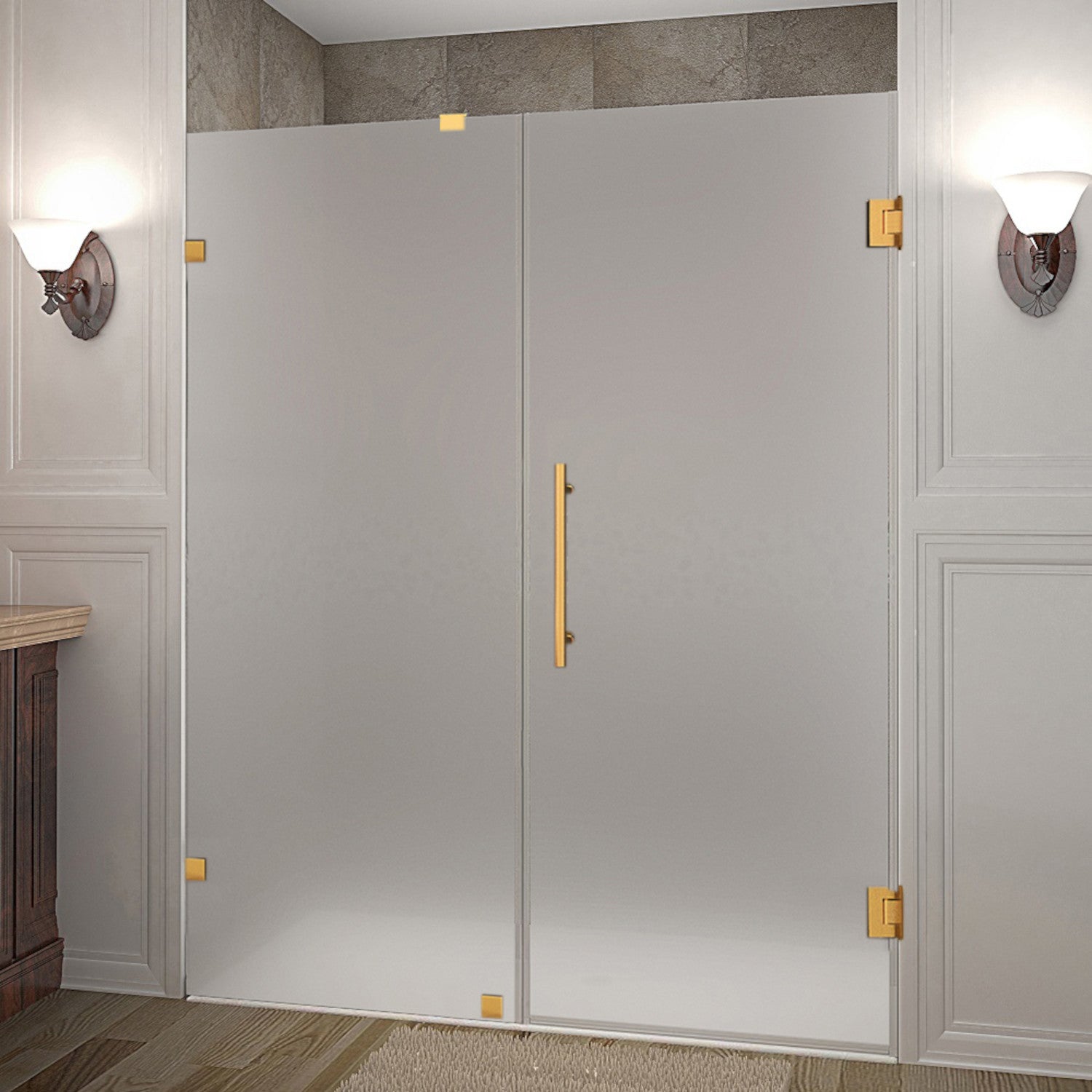 Nautis 65.25 in. to 66.25 in. W x 72 in. H Frameless Hinged Shower Door with Frosted Glass in Brushed Gold 1