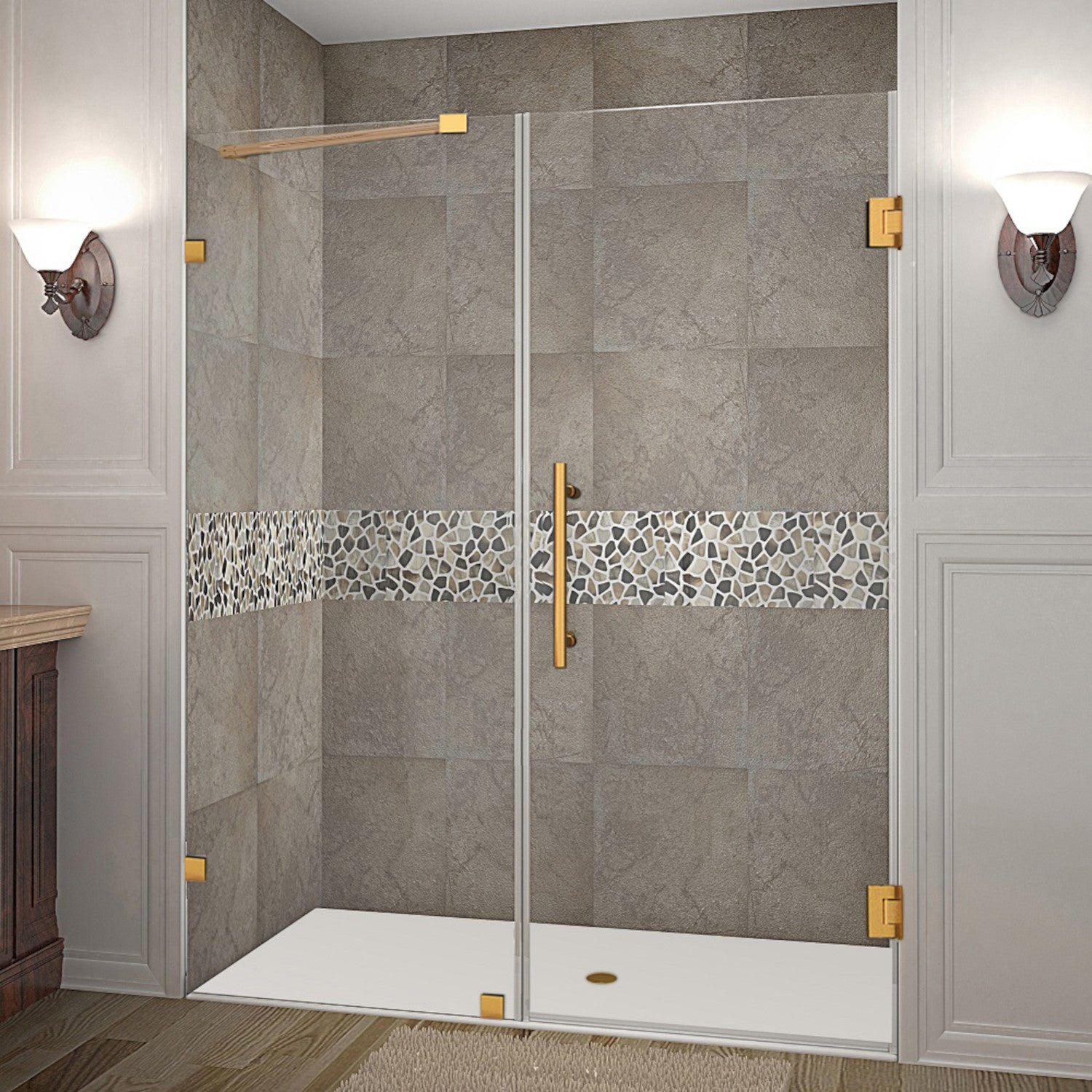 Nautis 65.25 in. to 66.25 in. W x 72 in. H Frameless Hinged Shower Door with Clear Glass in Brushed Gold 1