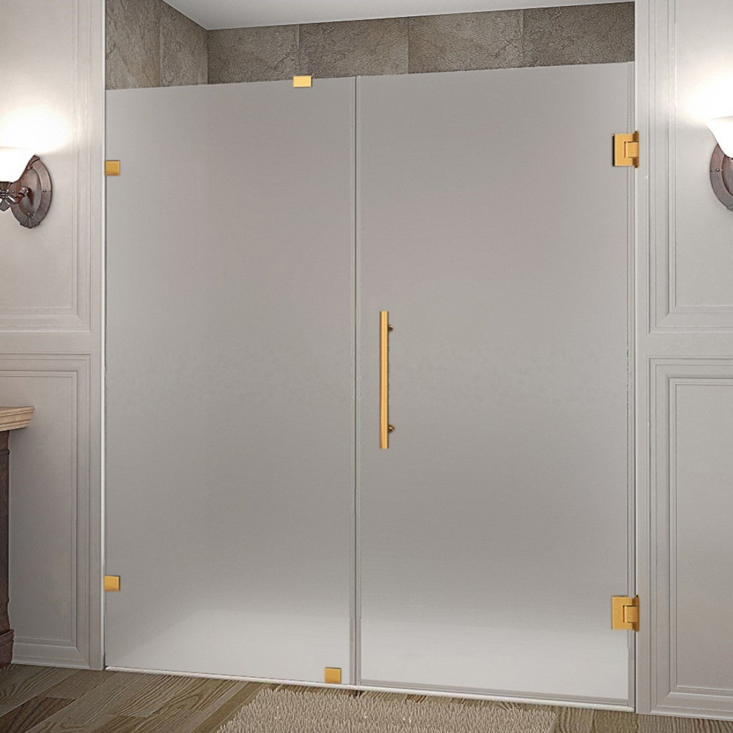 Nautis 69.25 in. to 70.25 in. W x 72 in. H Frameless Hinged Shower Door with Frosted Glass in Brushed Gold 1