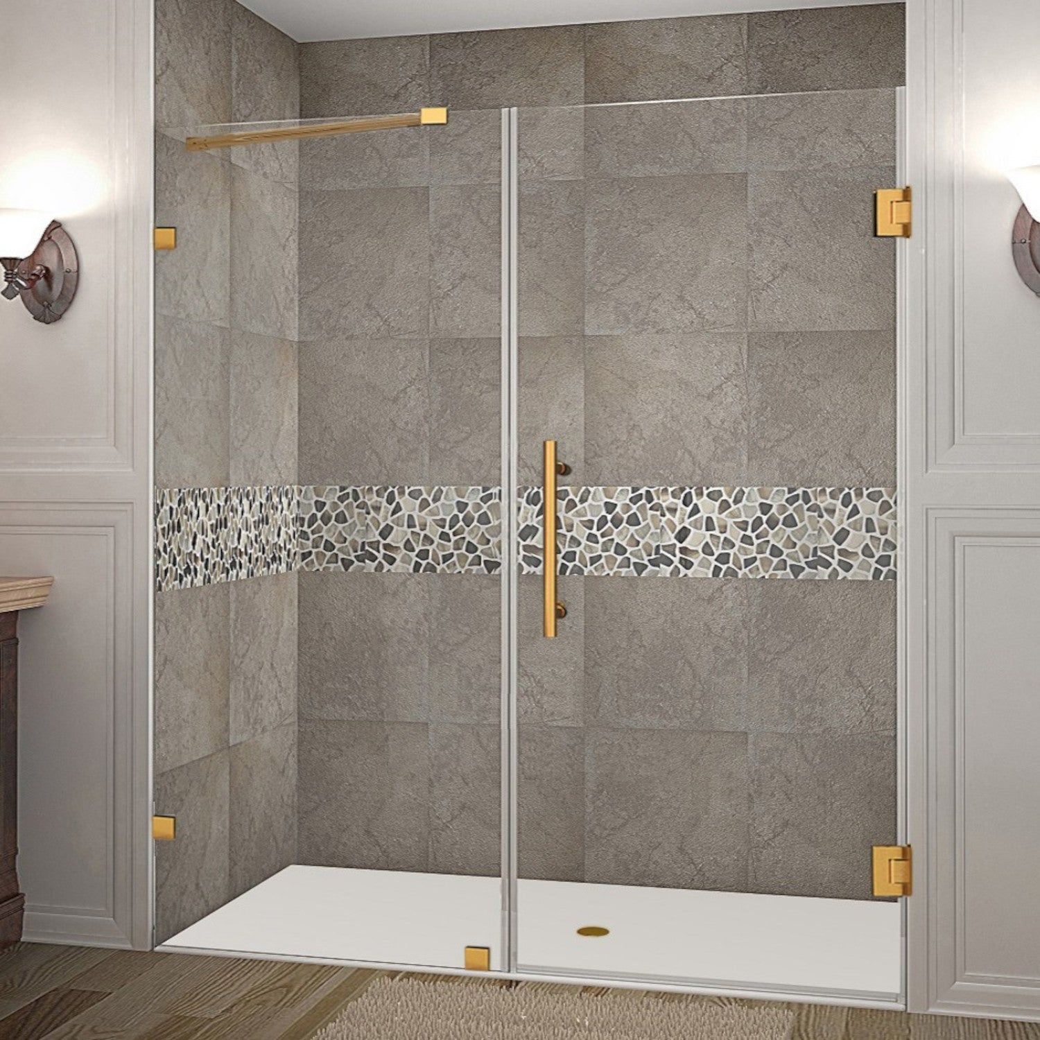 Nautis 75.25 in. to 76.25 in. W x 72 in. H Frameless Hinged Shower Door with Clear Glass in Brushed Gold 1