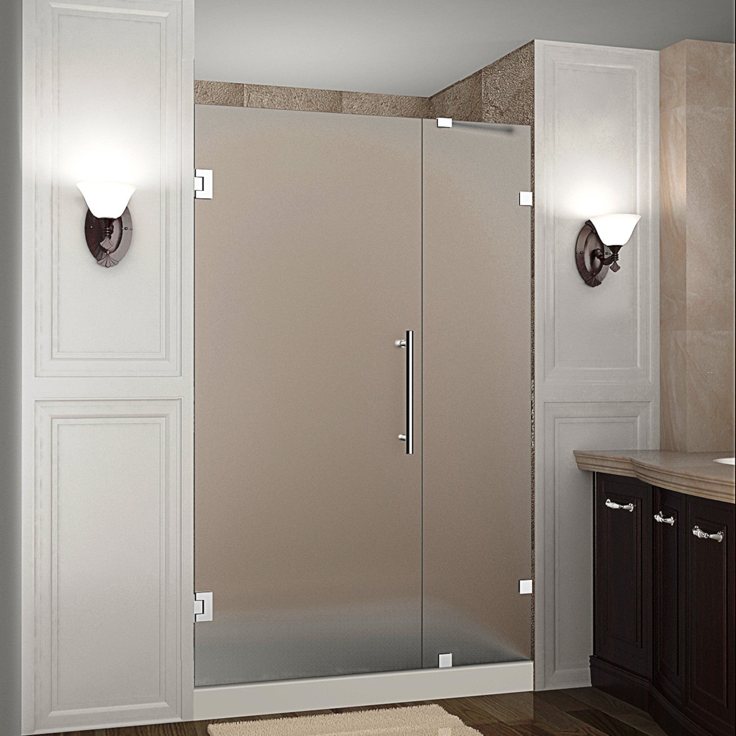 Nautis 42.25 in. to 43.25 in. W x 72 in. H Frameless Hinged Shower Door with Frosted Glass in Chrome 1