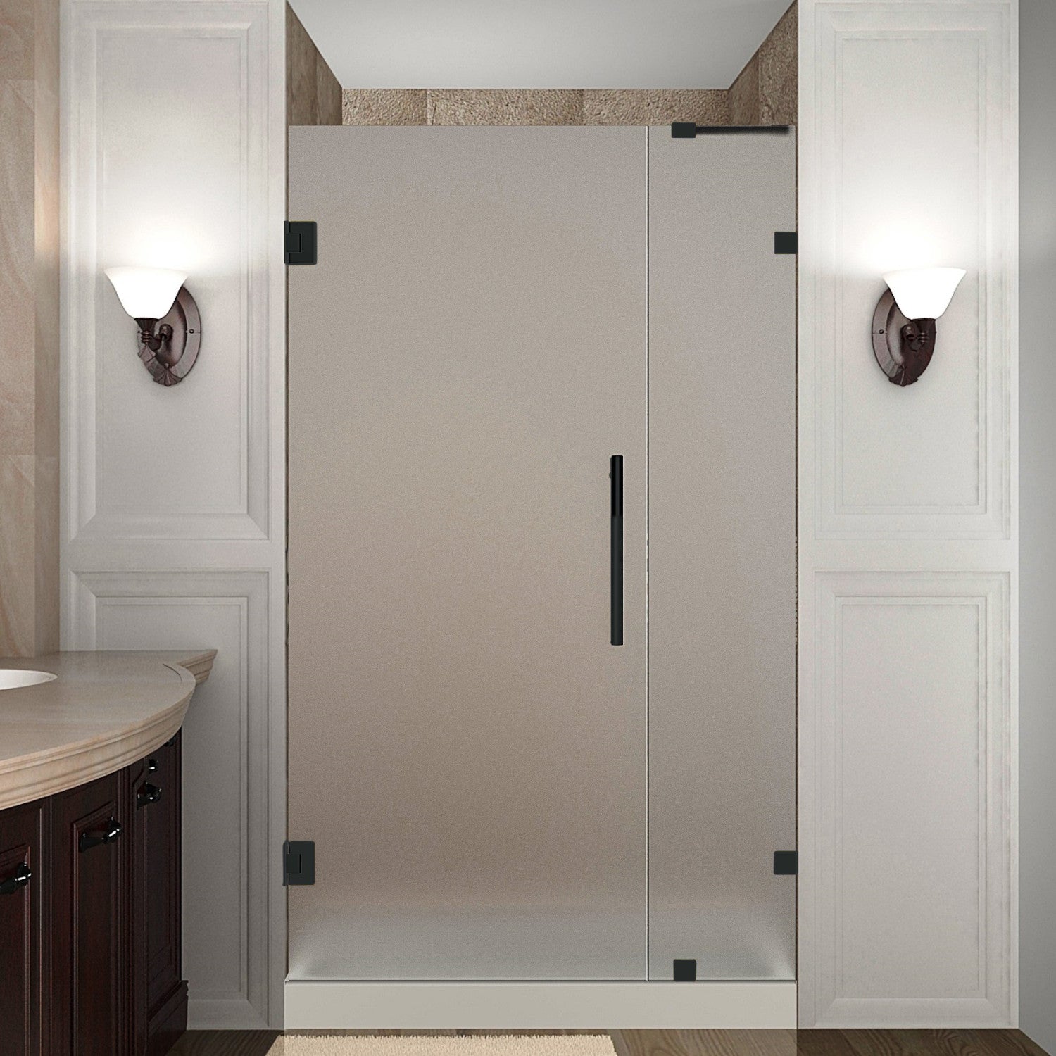 Nautis 34.25 in. to 35.25 in. W x 72 in. H Frameless Hinged Shower Door with Frosted Glass in Matte Black 1