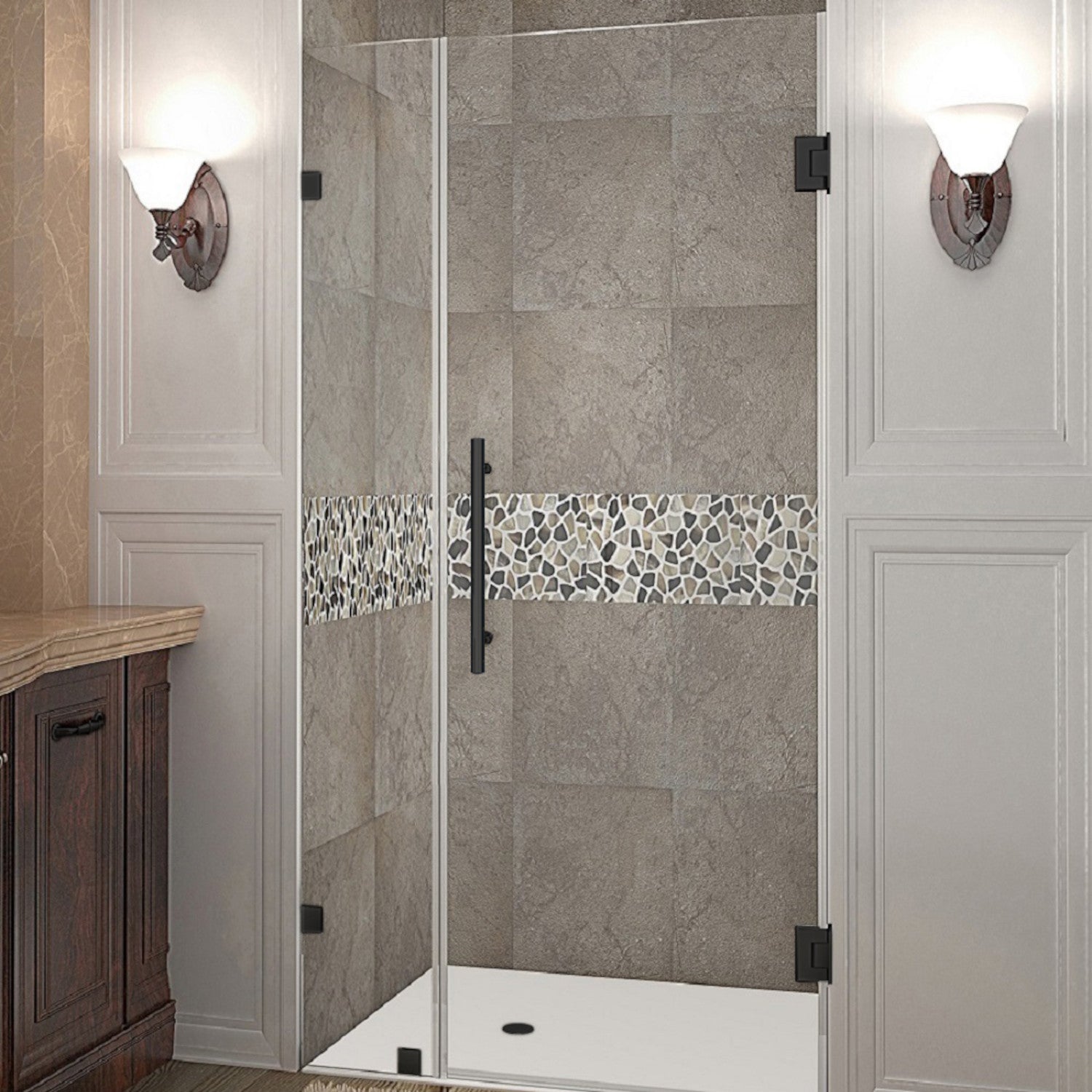 Nautis 29.25 in. to 30.25 in. W x 72 in. H Frameless Hinged Shower Door with Clear Glass in Matte Black 1