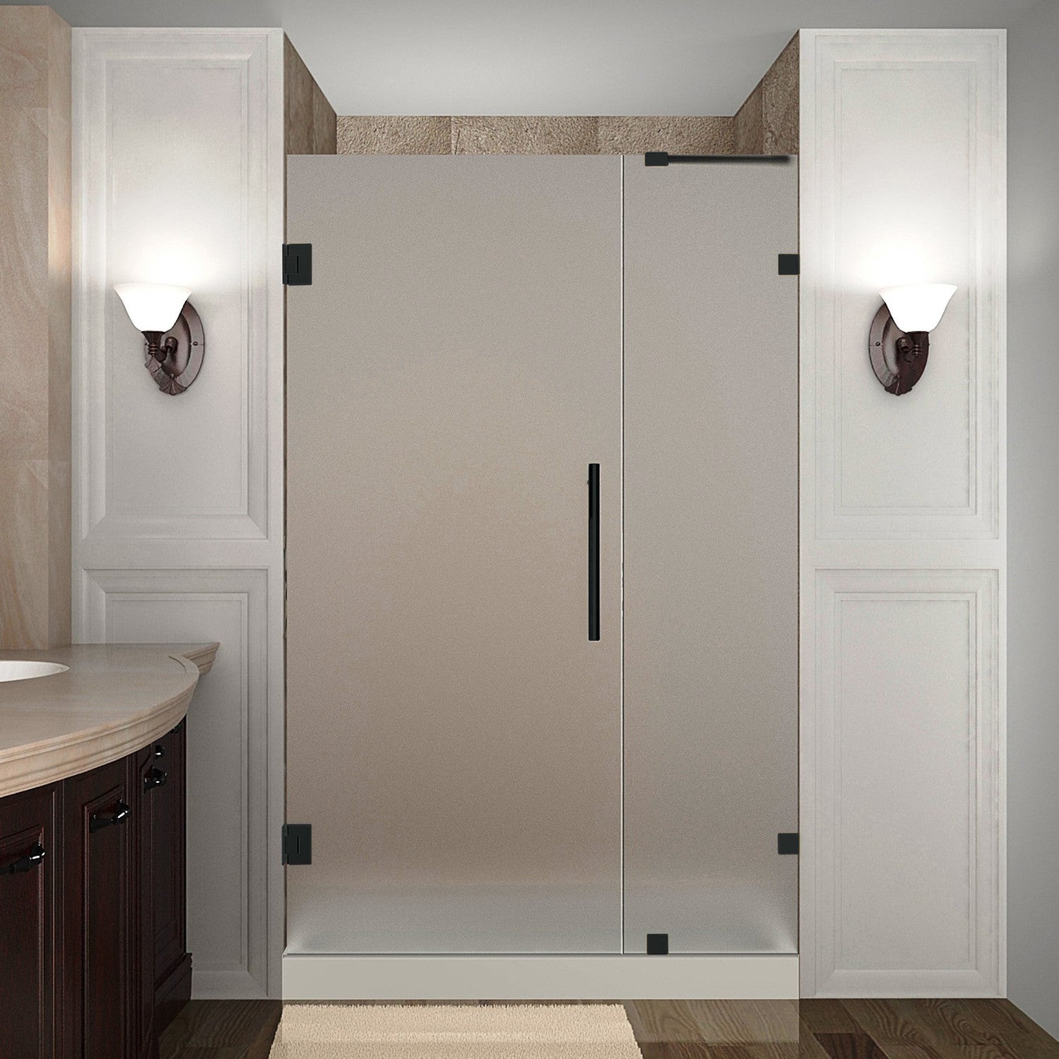 Nautis 39.25 in. to 40.25 in. W x 72 in. H Frameless Hinged Shower Door with Frosted Glass in Matte Black 1