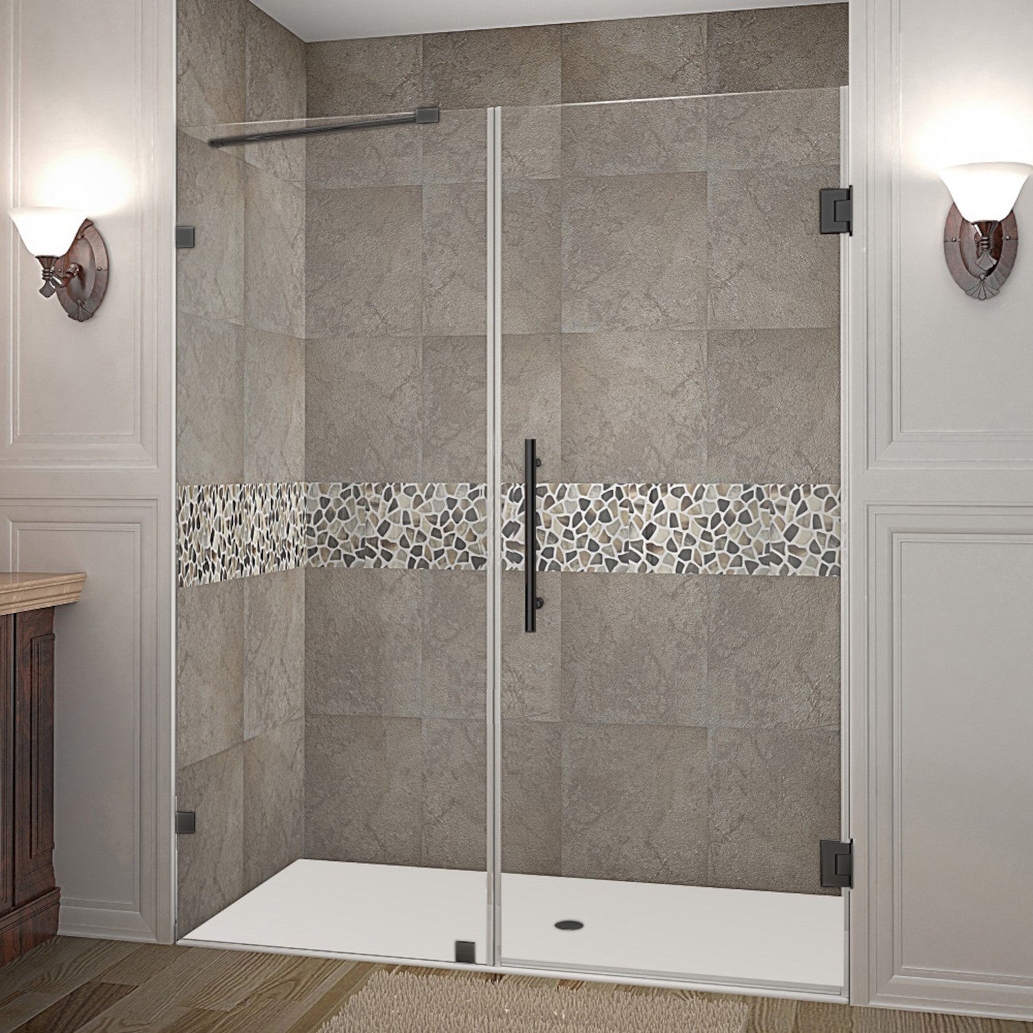 Nautis 64.25 in. to 65.25 in. W x 72 in. H Frameless Hinged Shower Door with Clear Glass in Matte Black 1
